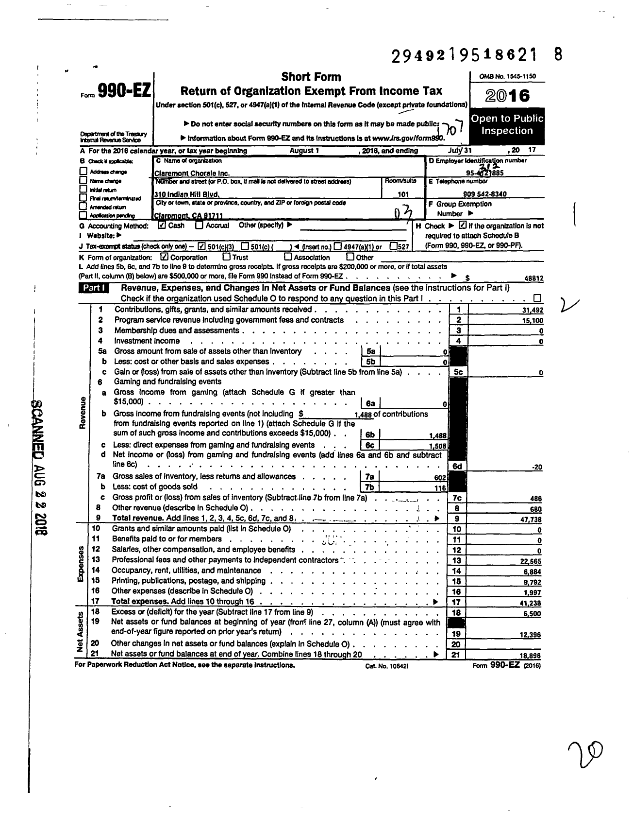 Image of first page of 2016 Form 990EZ for Claremont Chorale