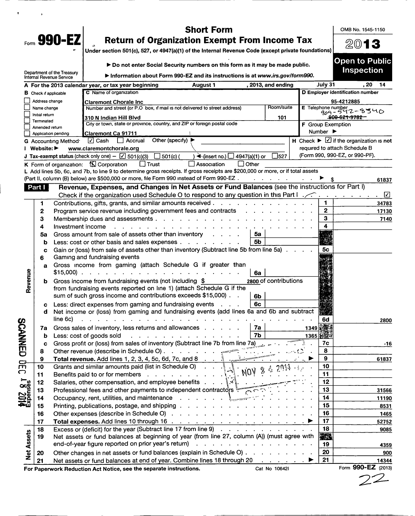 Image of first page of 2013 Form 990EZ for Claremont Chorale