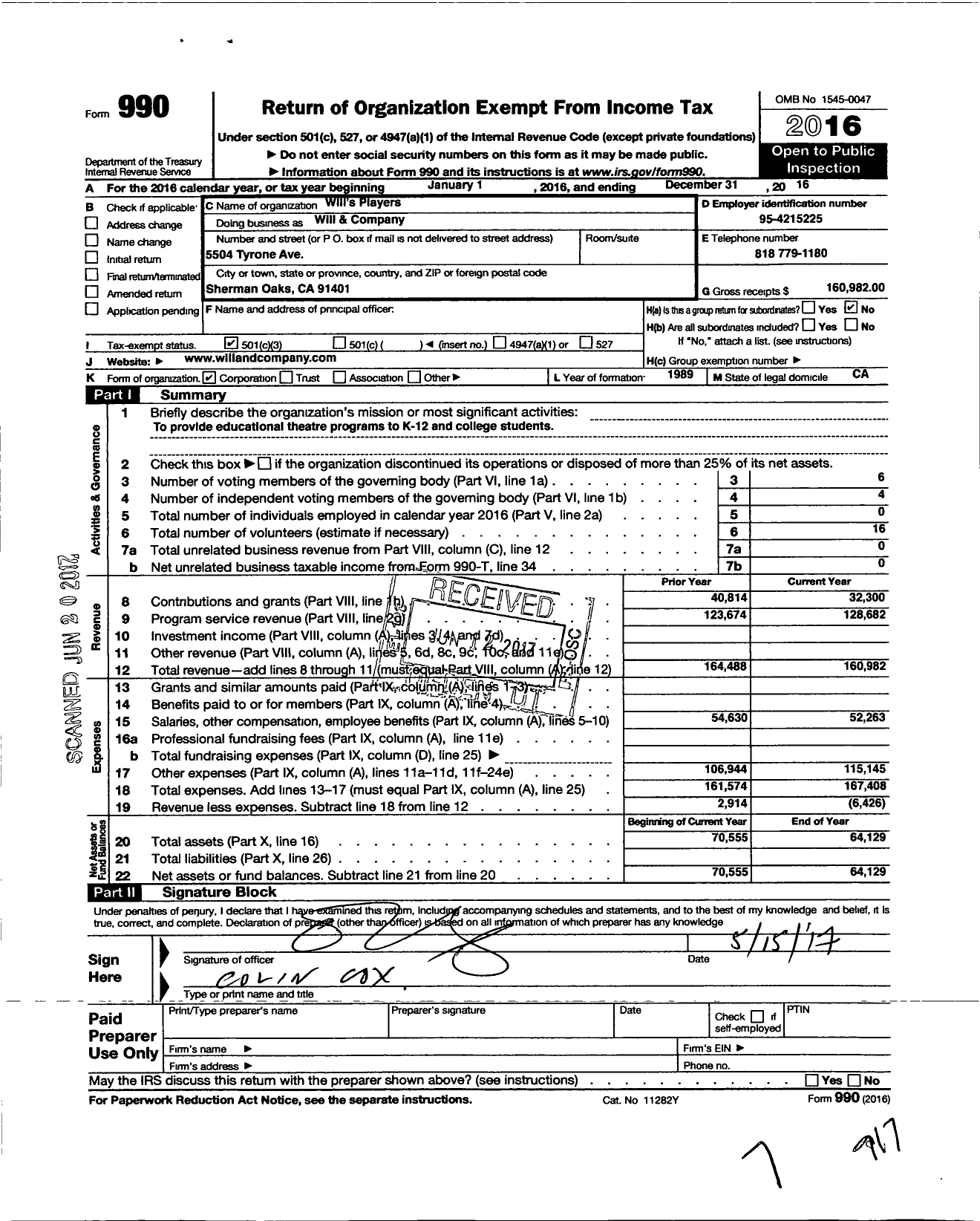 Image of first page of 2016 Form 990 for Wills & Company