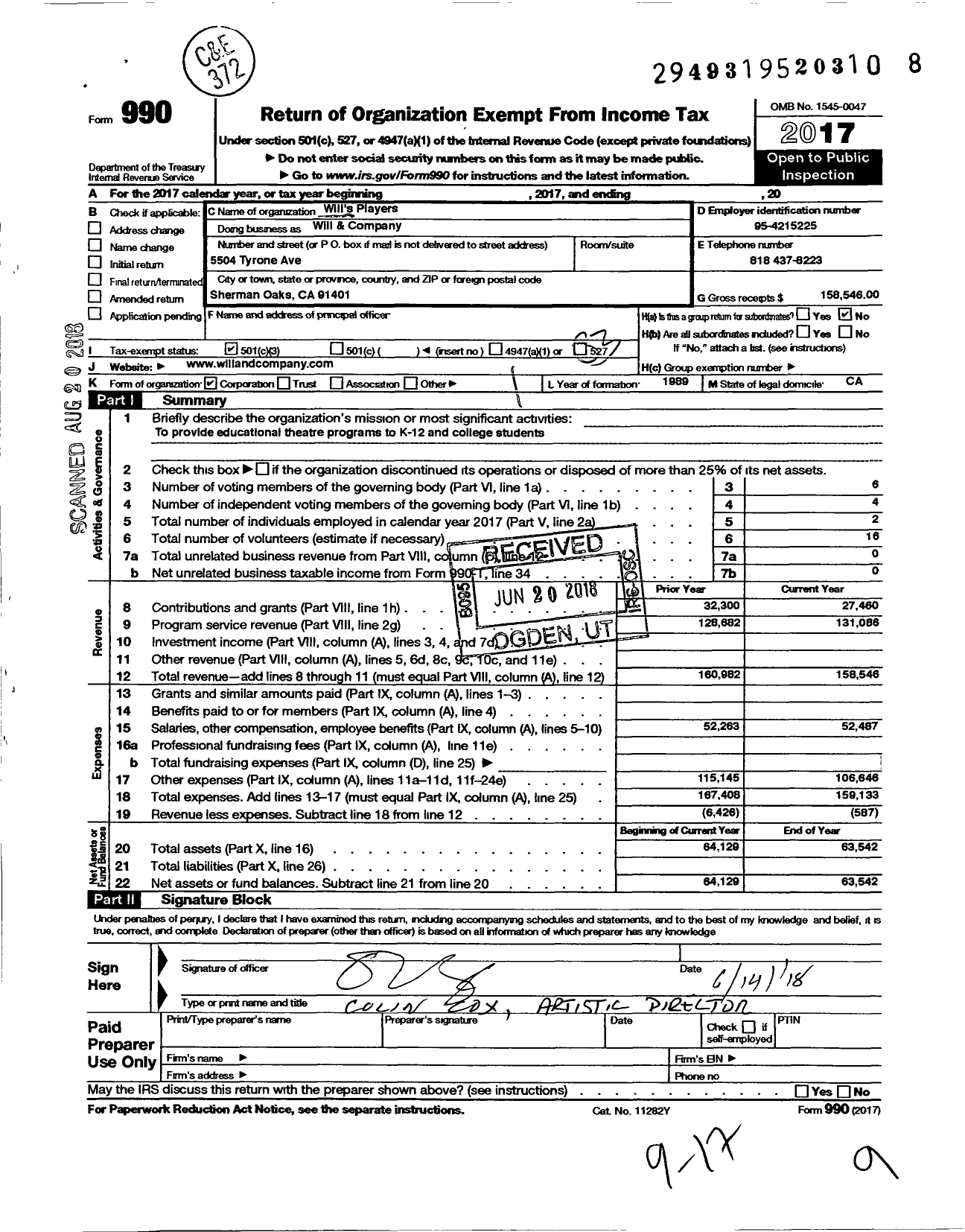 Image of first page of 2017 Form 990 for Wills & Company