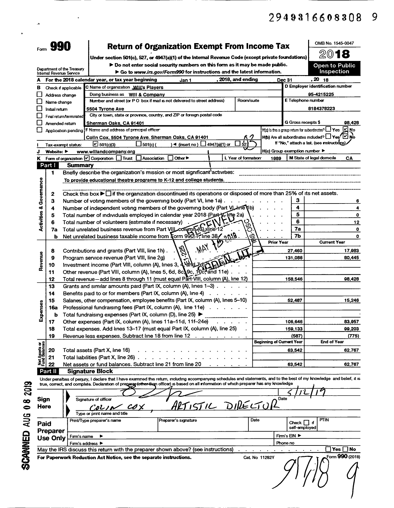 Image of first page of 2018 Form 990 for Wills & Company