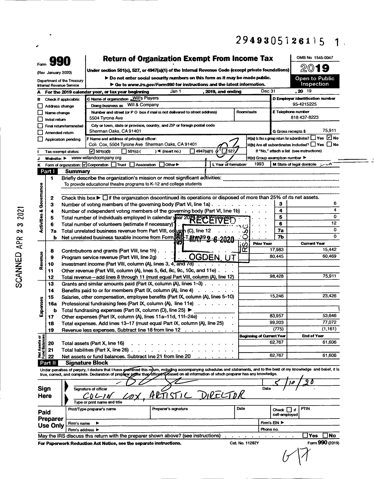 Image of first page of 2019 Form 990 for Wills & Company