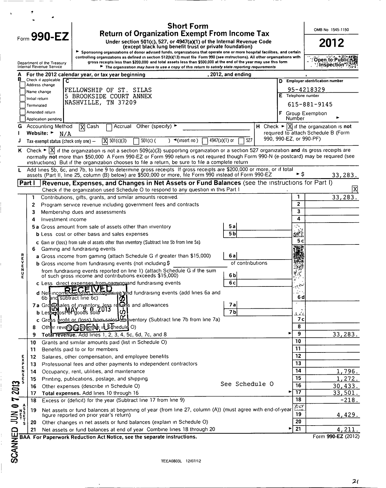 Image of first page of 2012 Form 990EZ for Fellowship of St Silas