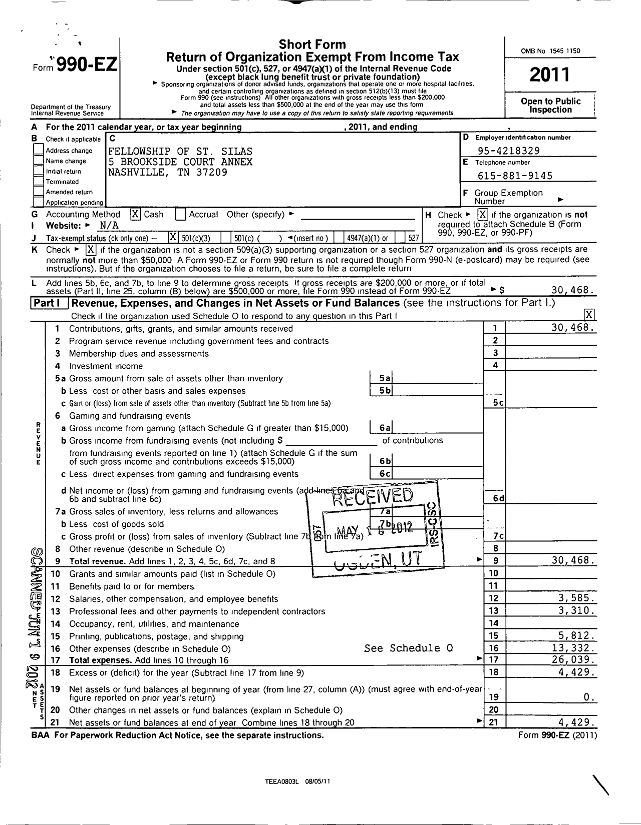 Image of first page of 2011 Form 990EZ for Fellowship of St Silas