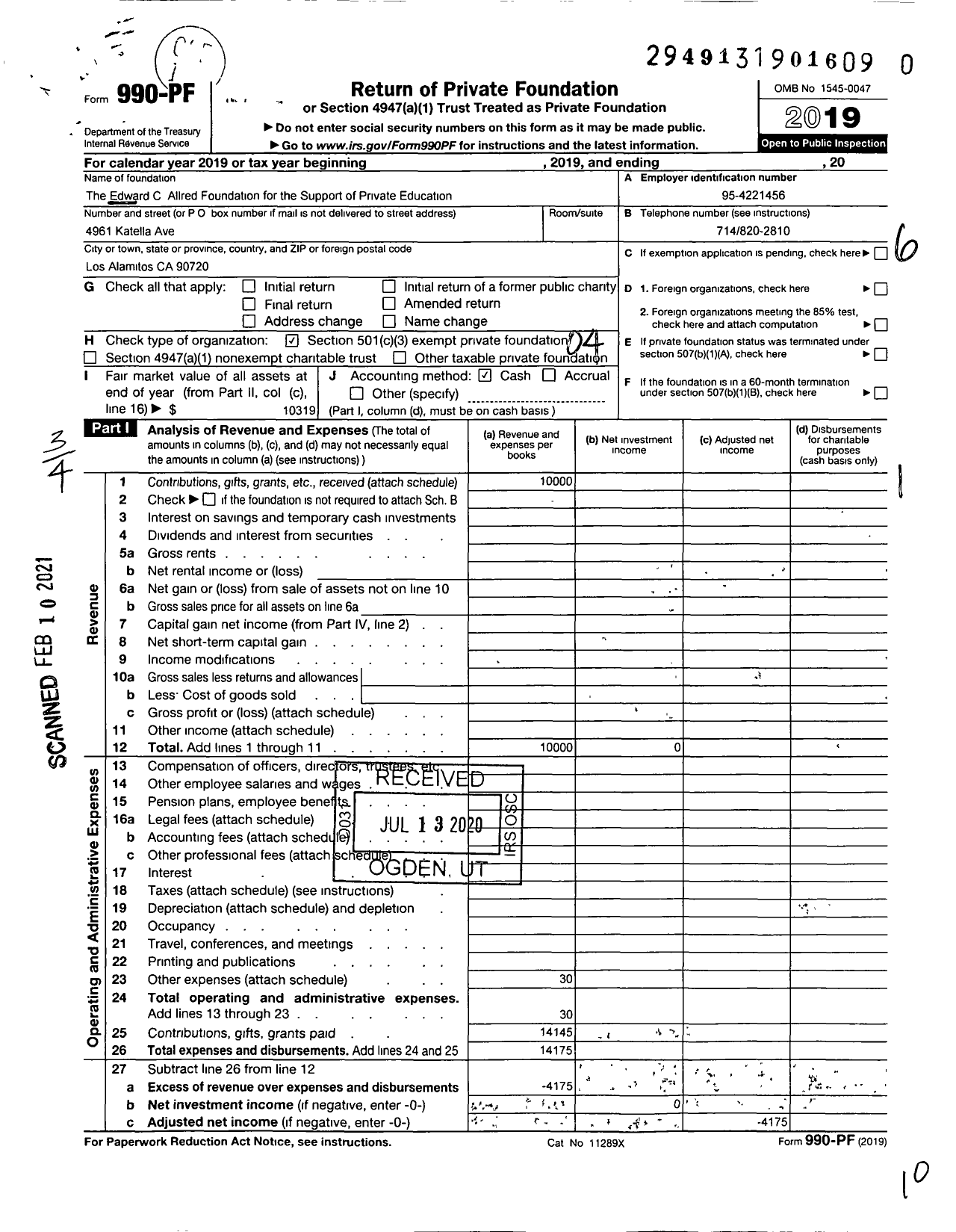 Image of first page of 2019 Form 990PF for The Edward C Allred Foundation for the Support of Private Education