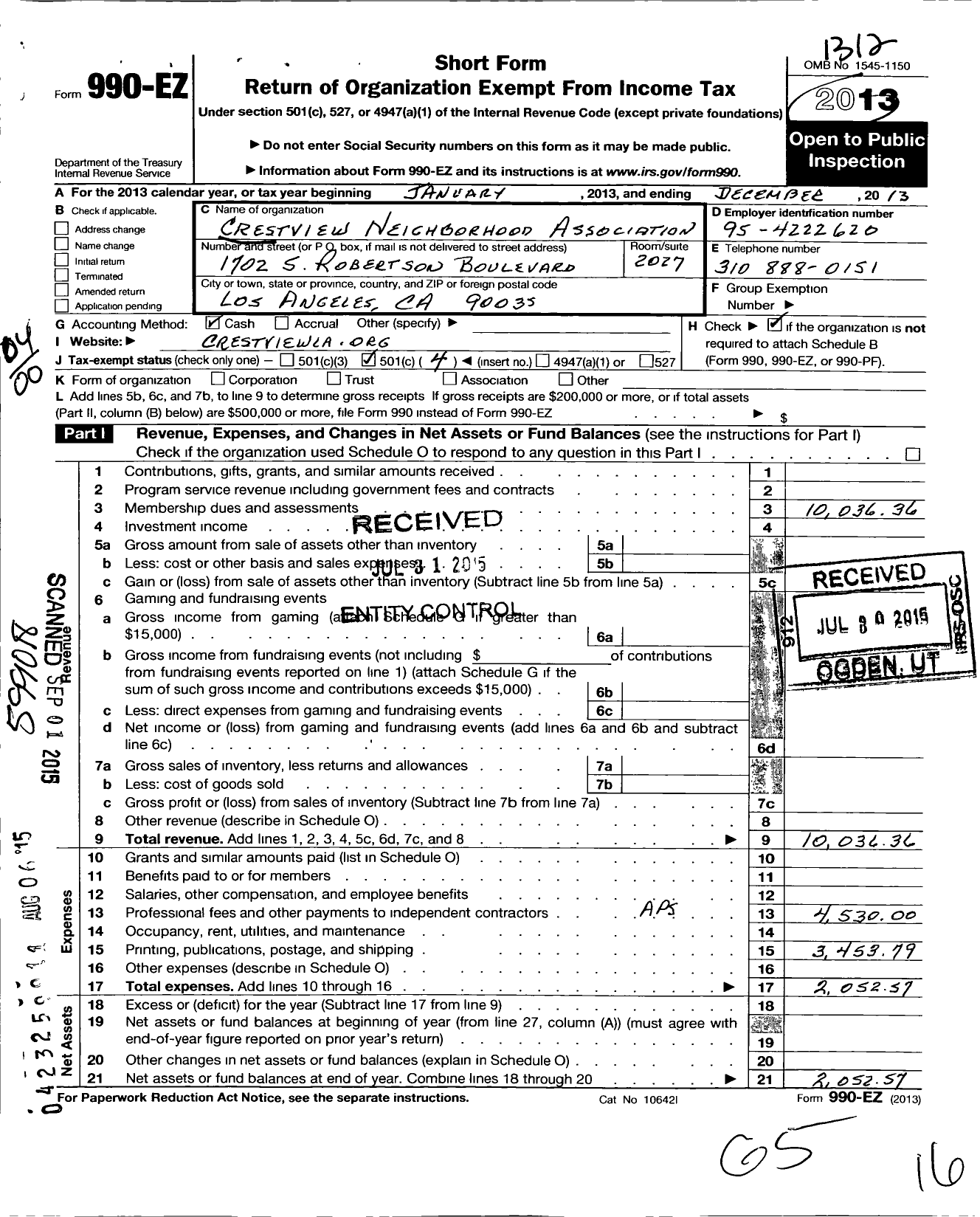 Image of first page of 2013 Form 990EO for Crestview Neighborhood Association