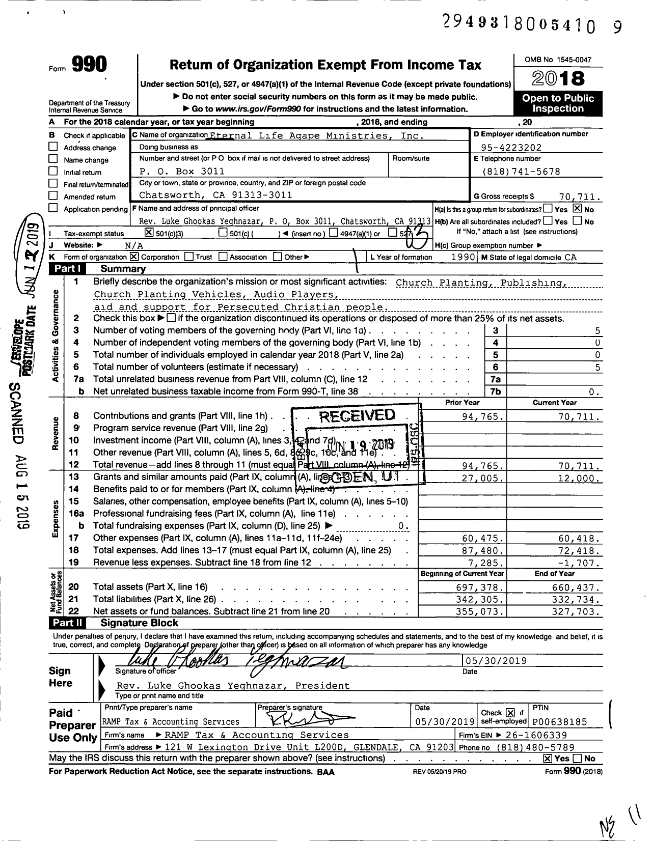 Image of first page of 2018 Form 990 for Eternal Life Agape Ministries