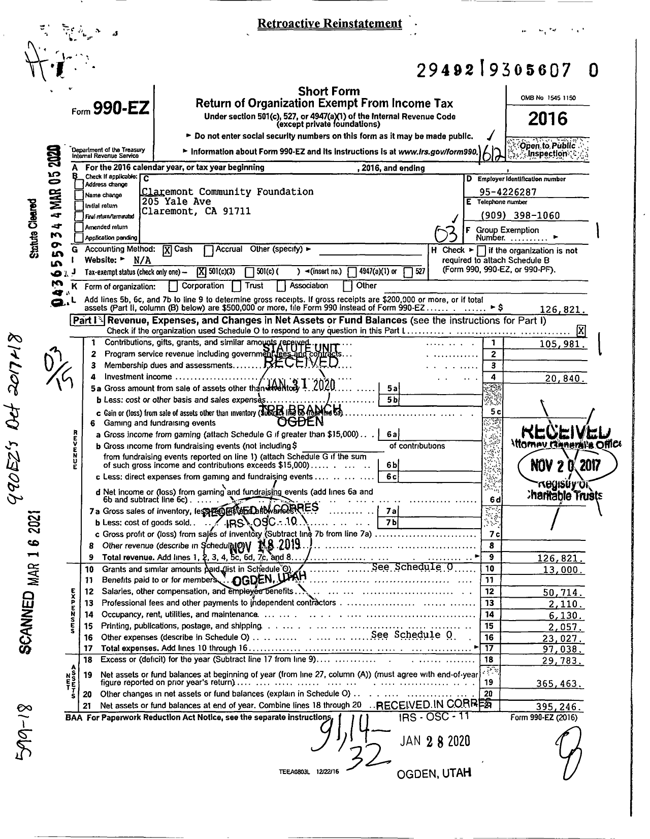 Image of first page of 2016 Form 990EZ for Claremont Community Foundation