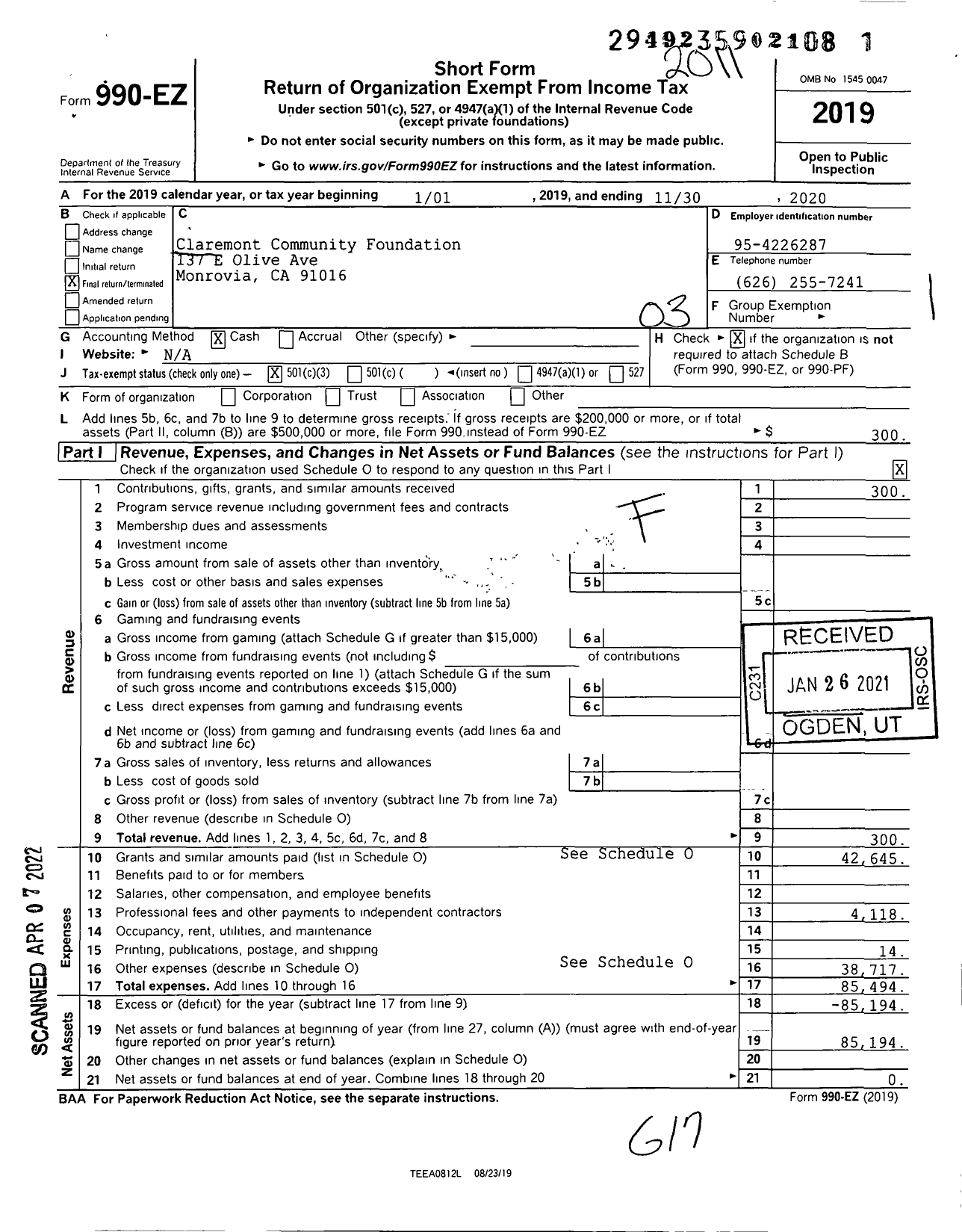 Image of first page of 2019 Form 990EZ for Claremont Community Foundation