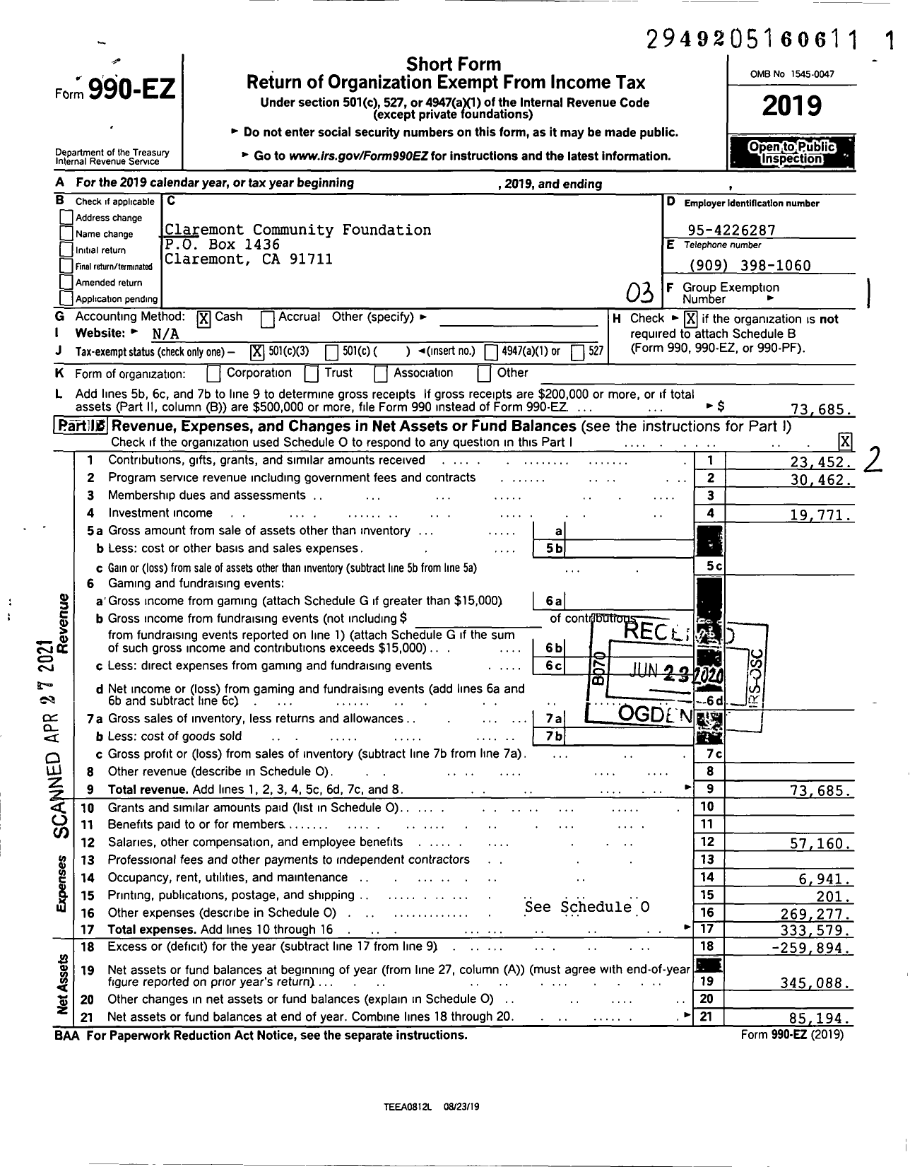 Image of first page of 2019 Form 990EZ for Claremont Community Foundation