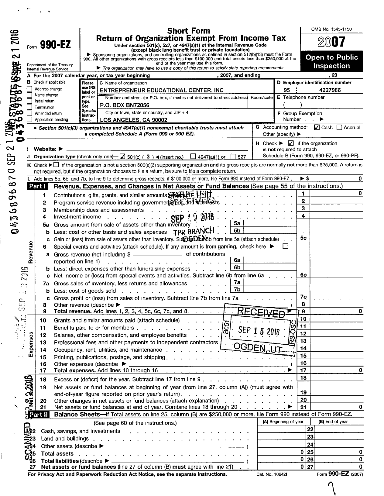 Image of first page of 2007 Form 990EZ for Entrepreneur Educational Center