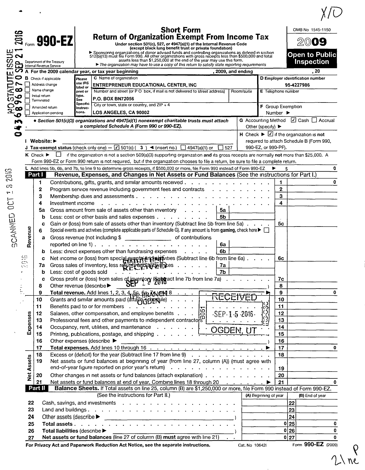 Image of first page of 2009 Form 990EZ for Entrepreneur Educational Center