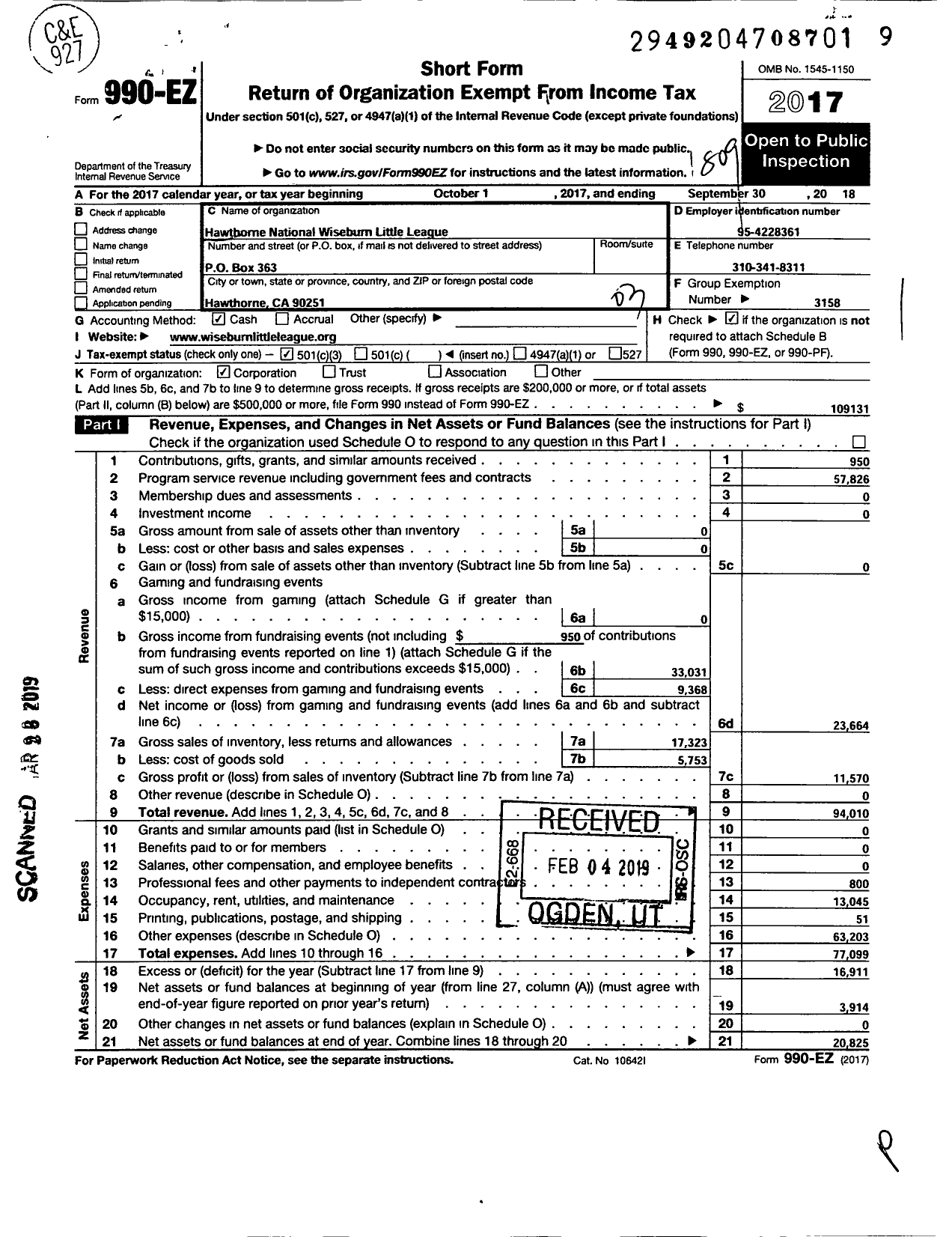 Image of first page of 2017 Form 990EZ for Little League Baseball - 4053703 Hawthorne Nat Wiseburn LL