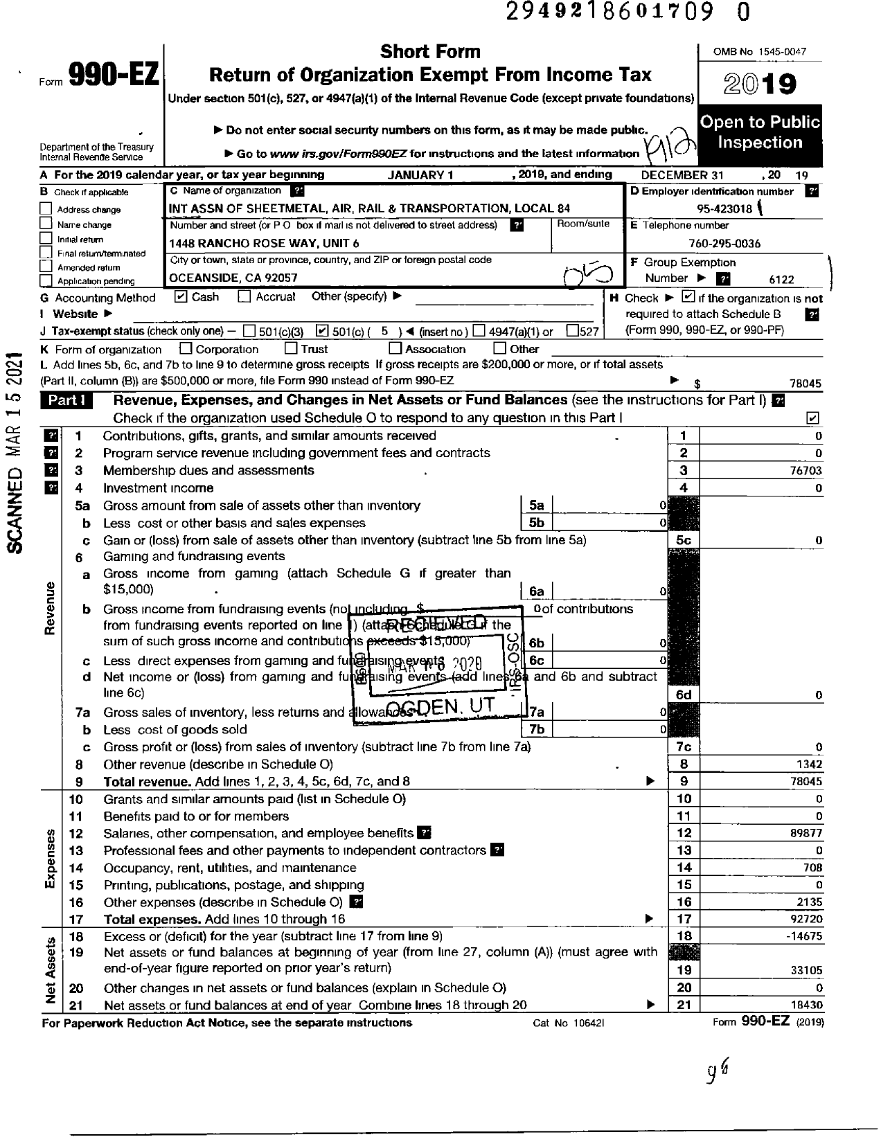 Image of first page of 2019 Form 990EO for Smart Union - 84 TD