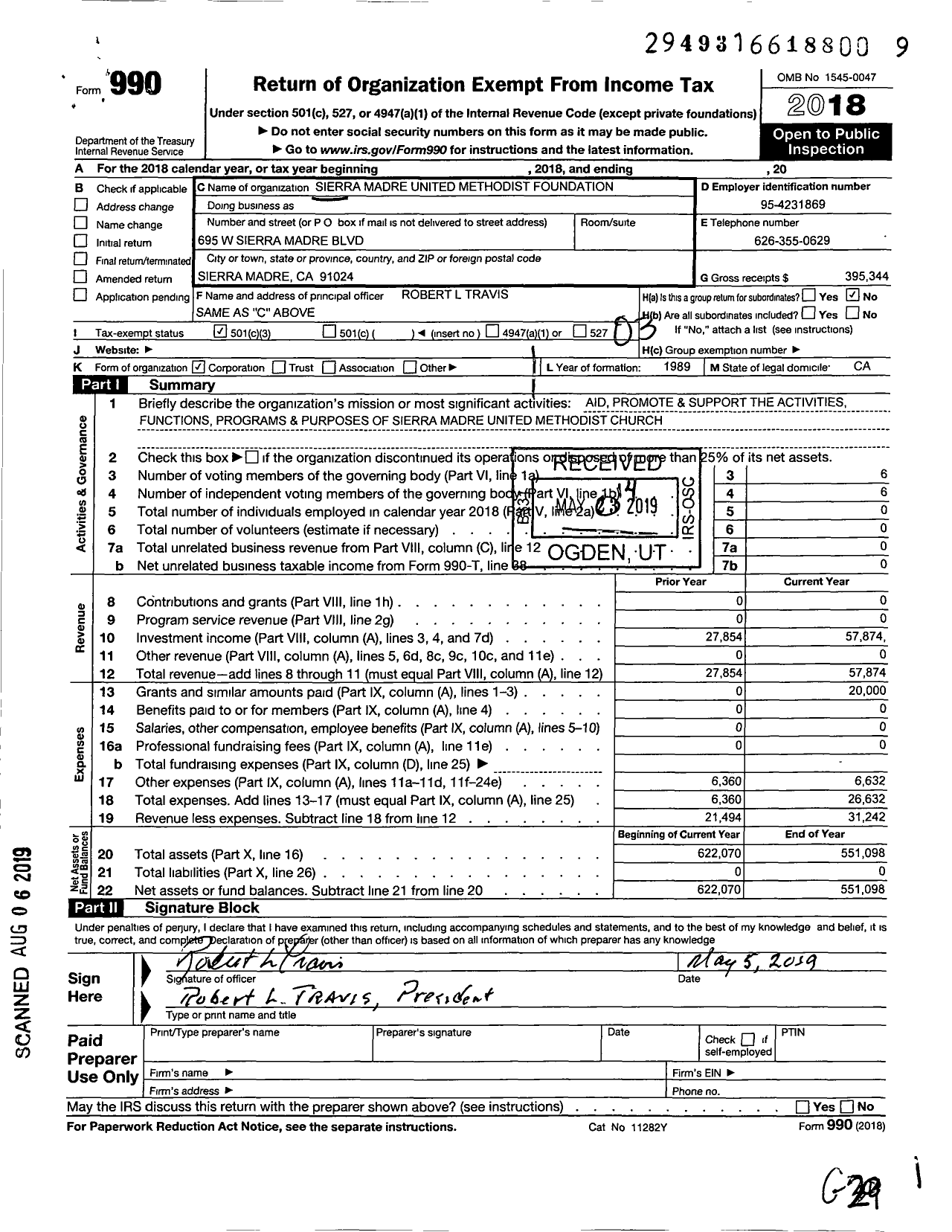 Image of first page of 2018 Form 990 for Sierra Madre United Methodist Foundation