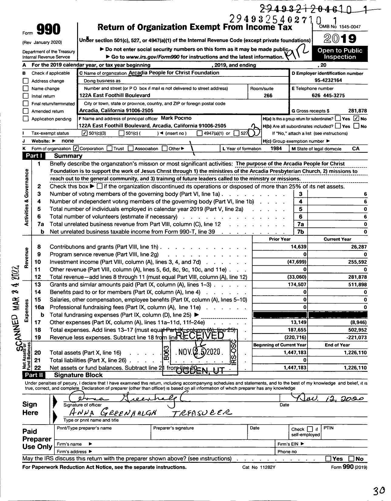 Image of first page of 2019 Form 990 for Arcadia People for Christ Foundation