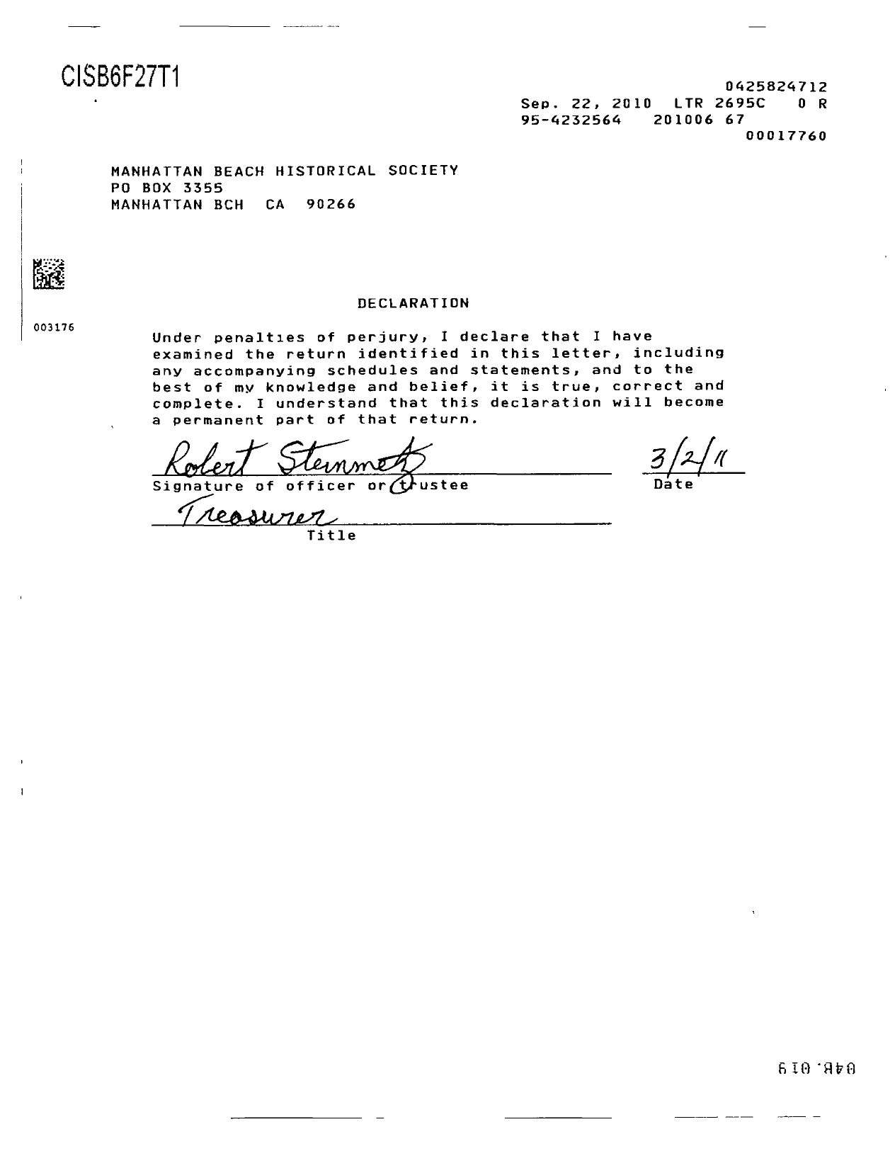 Image of first page of 2009 Form 990ER for Manhattan Beach Historical Society