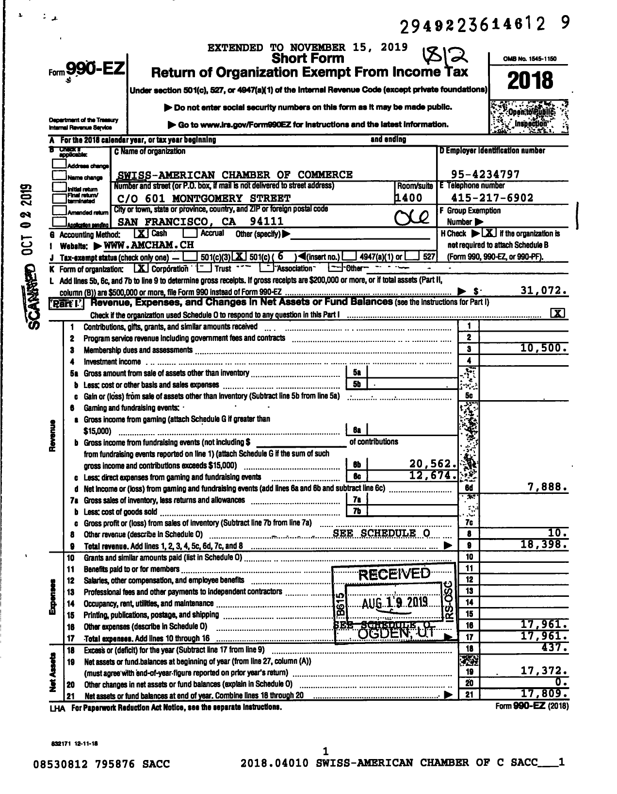 Image of first page of 2018 Form 990EO for Swiss-American Chamber of Commerce