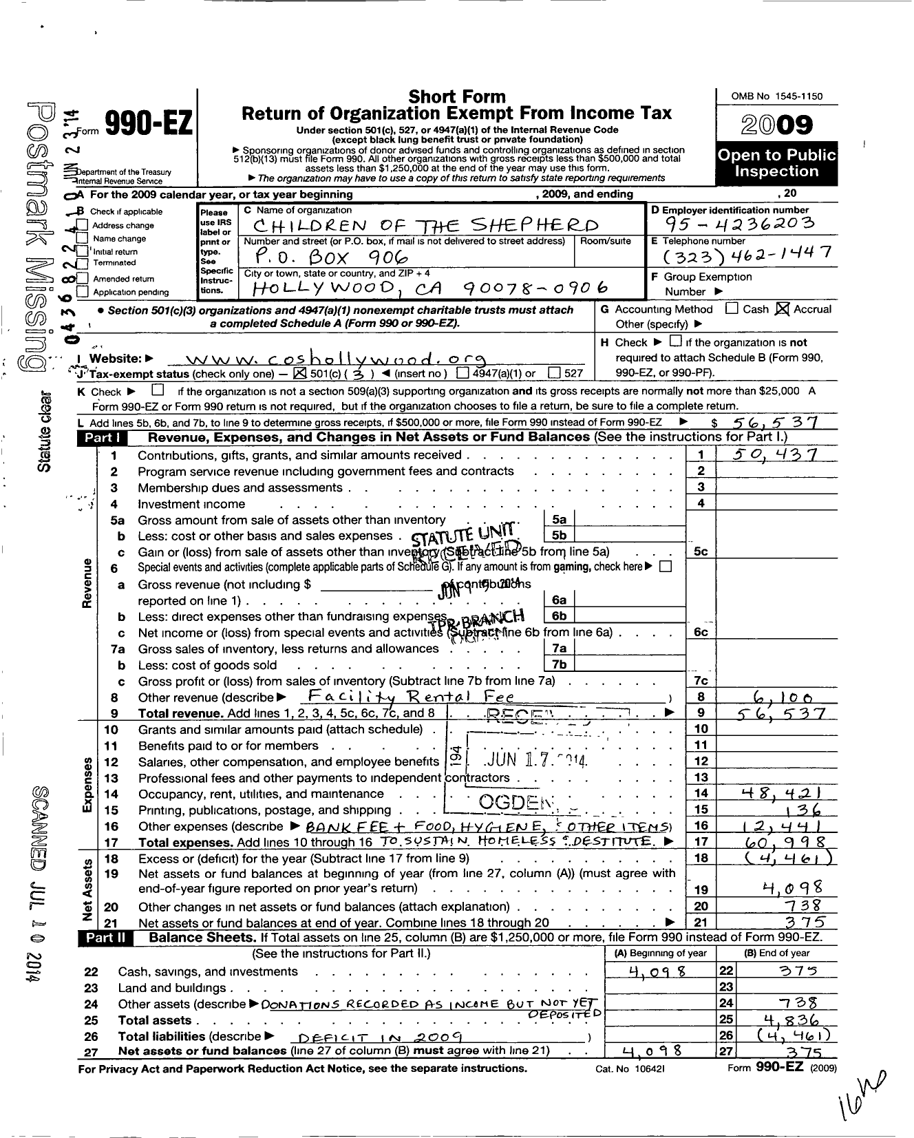 Image of first page of 2009 Form 990EZ for Children of the Shepherd