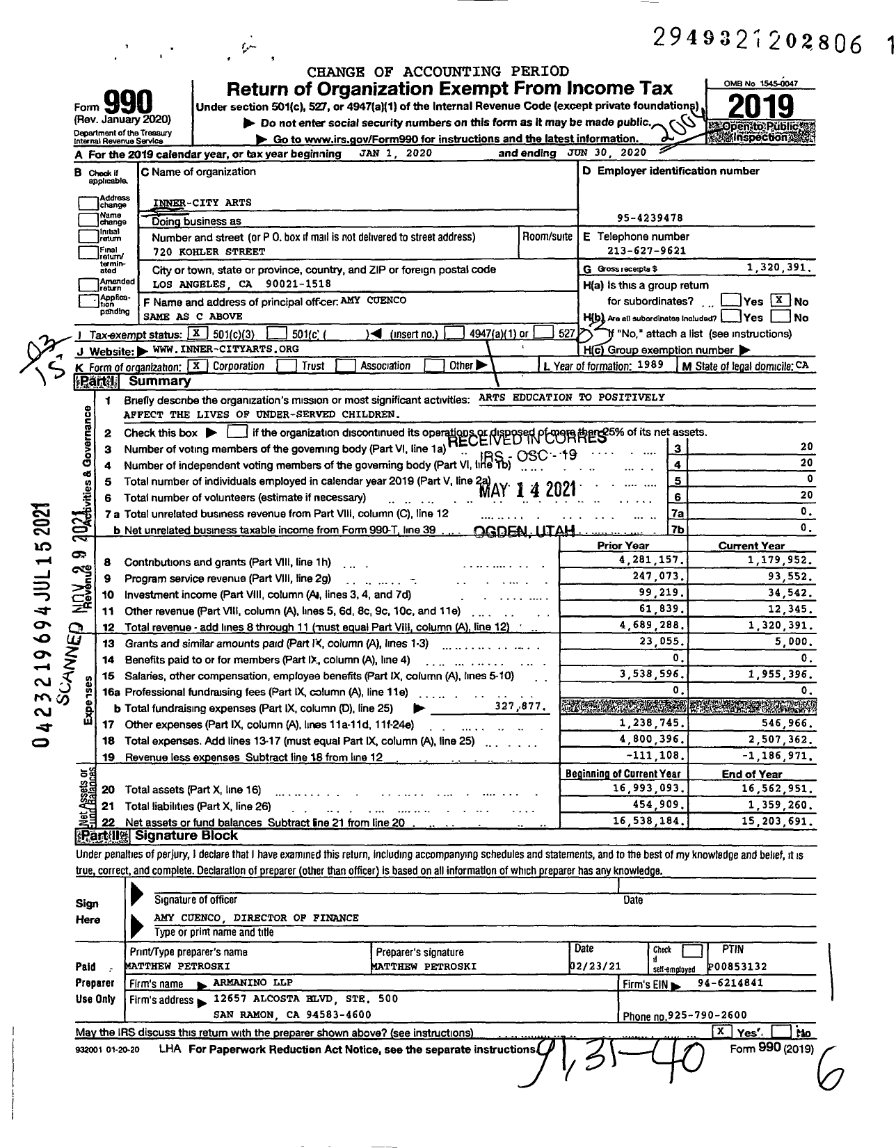Image of first page of 2019 Form 990 for Inner-City Arts