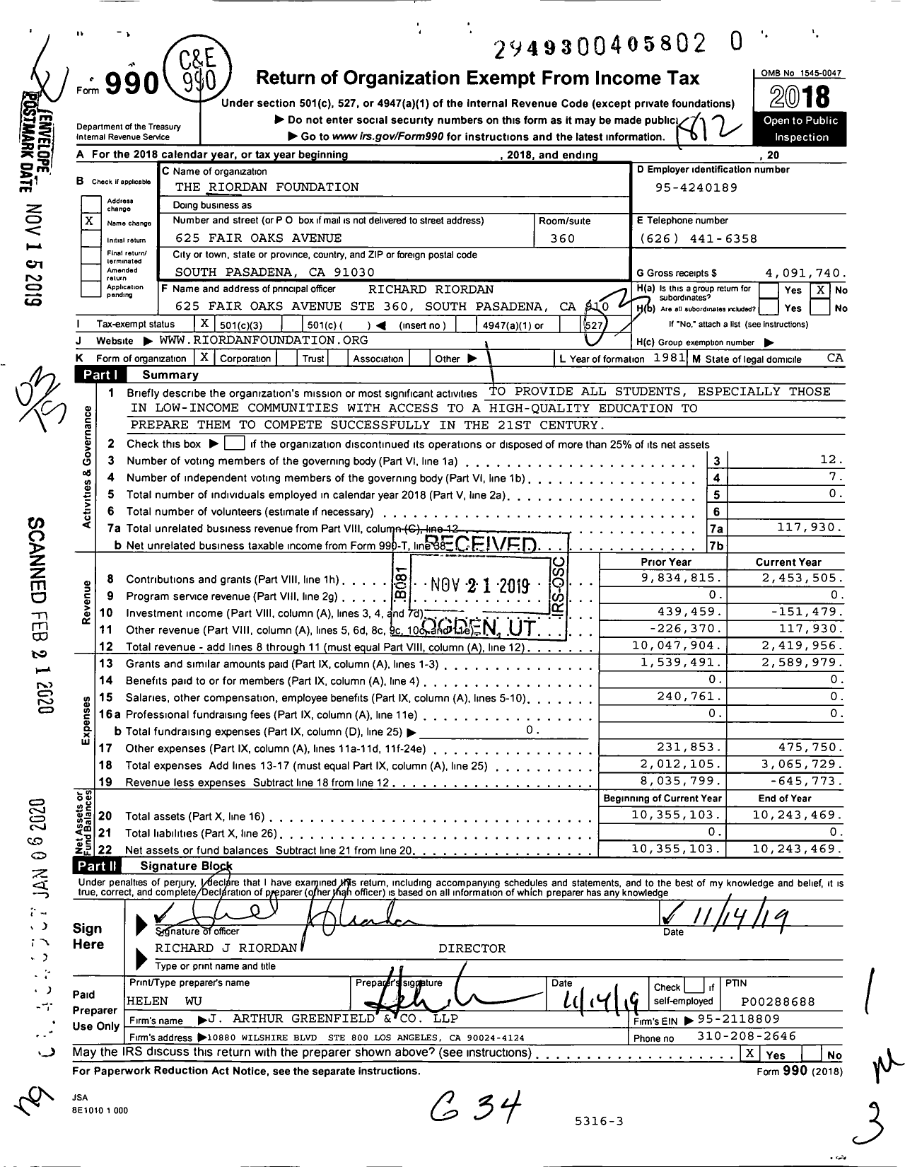 Image of first page of 2018 Form 990 for The Riordan Foundation