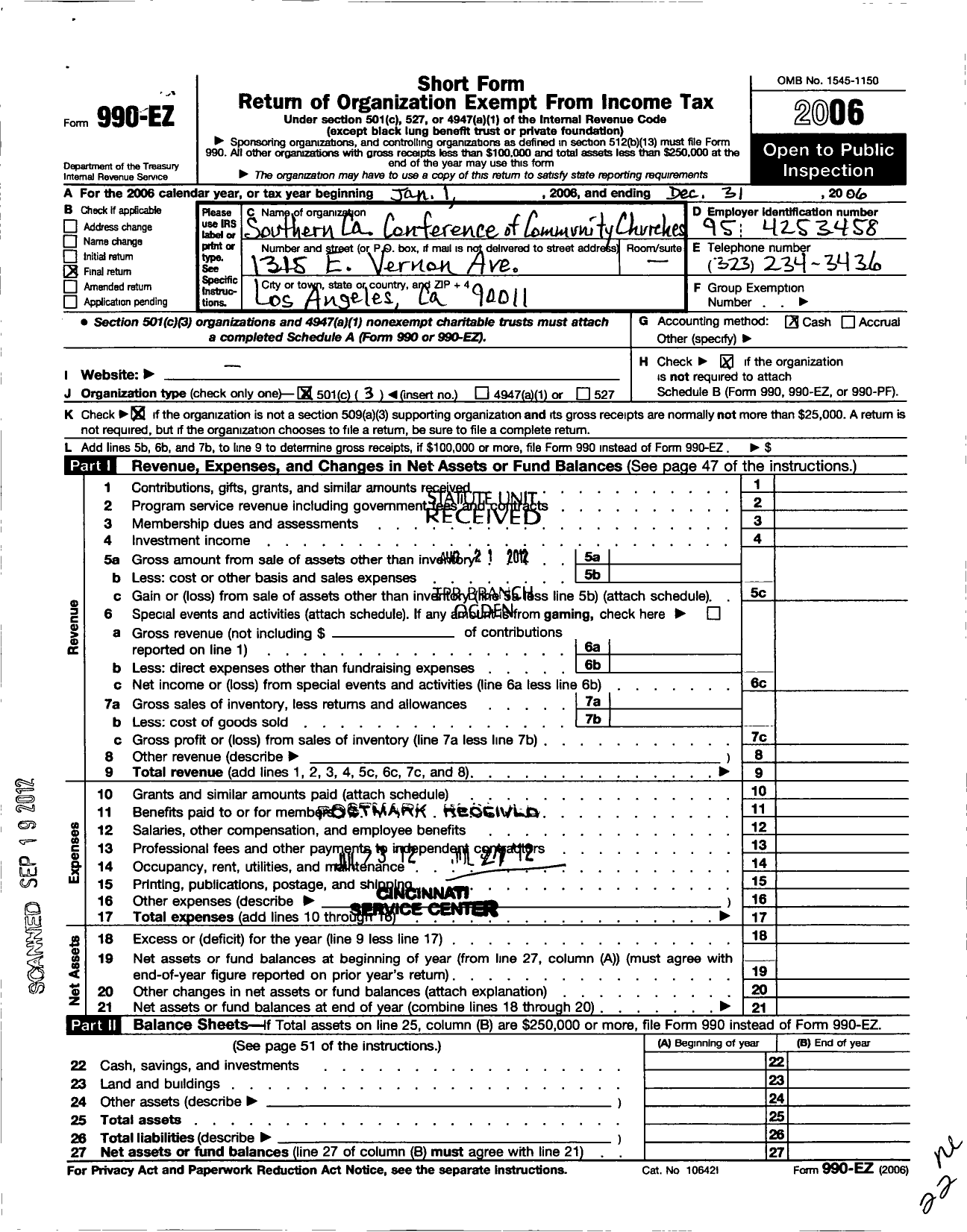 Image of first page of 2006 Form 990EZ for Southern California Conference of Community Churches