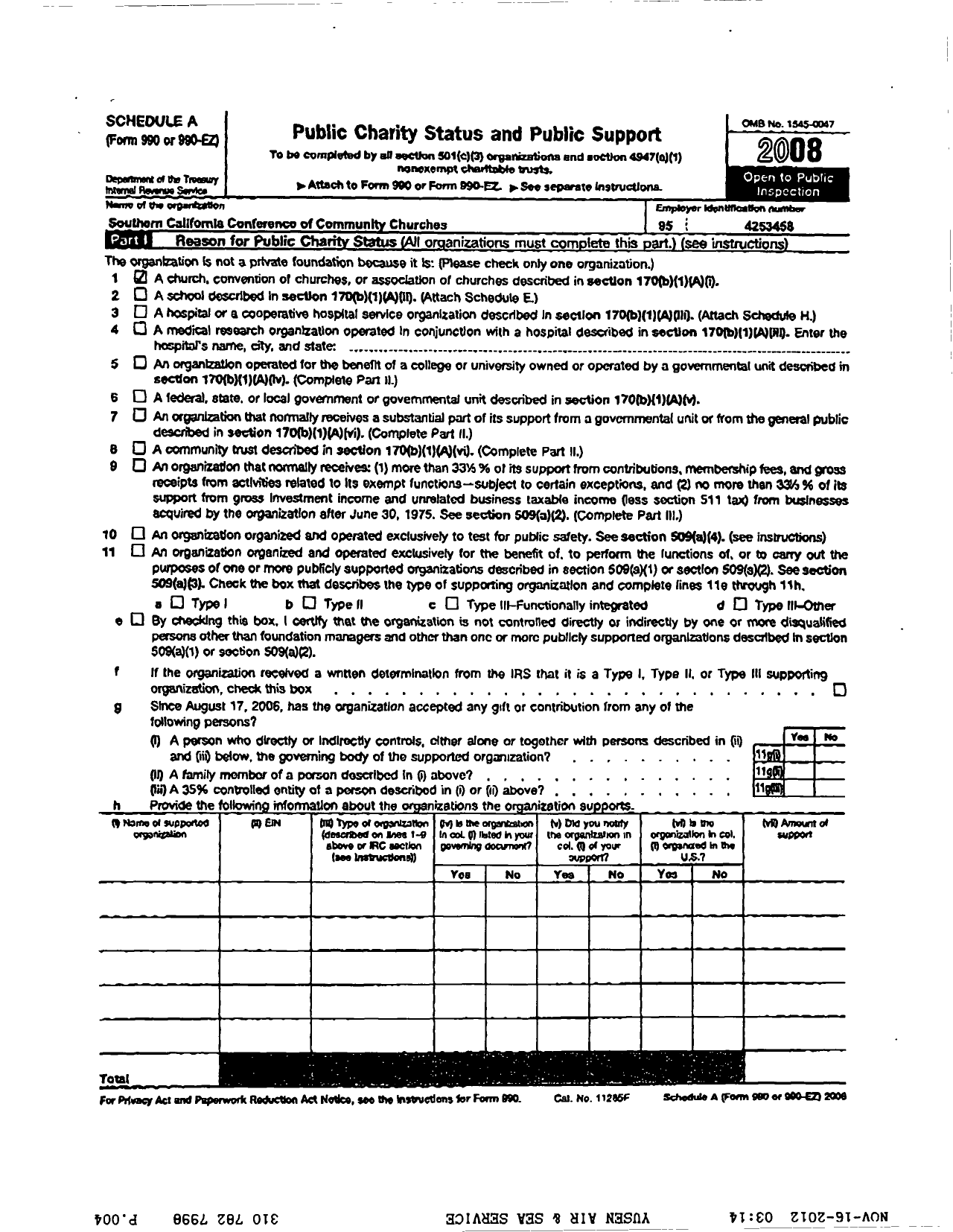 Image of first page of 2008 Form 990ER for Southern California Conference of Community Churches