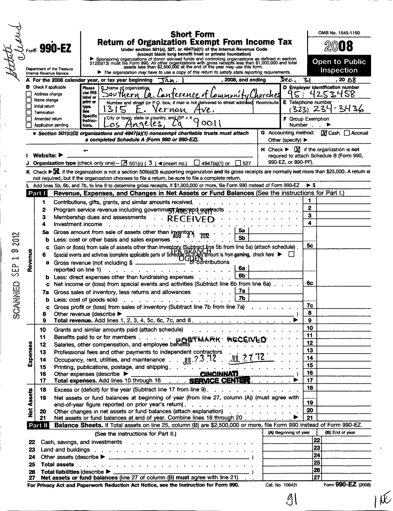 Image of first page of 2008 Form 990EZ for Southern California Conference of Community Churches