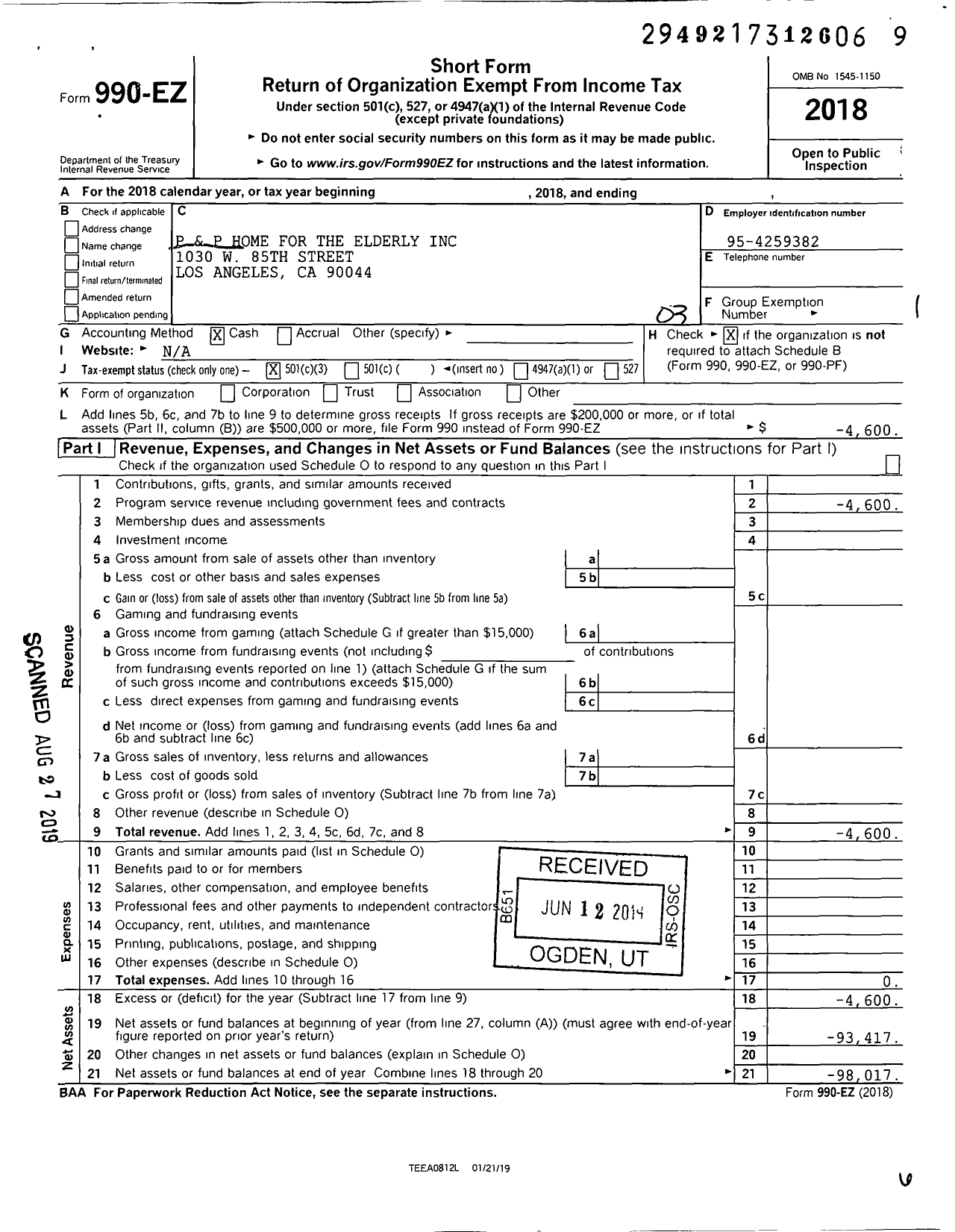 Image of first page of 2018 Form 990EZ for P and P Home for the Elderly