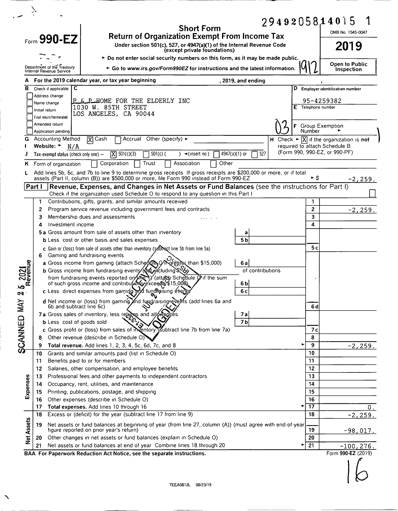 Image of first page of 2019 Form 990EZ for P and P Home for the Elderly