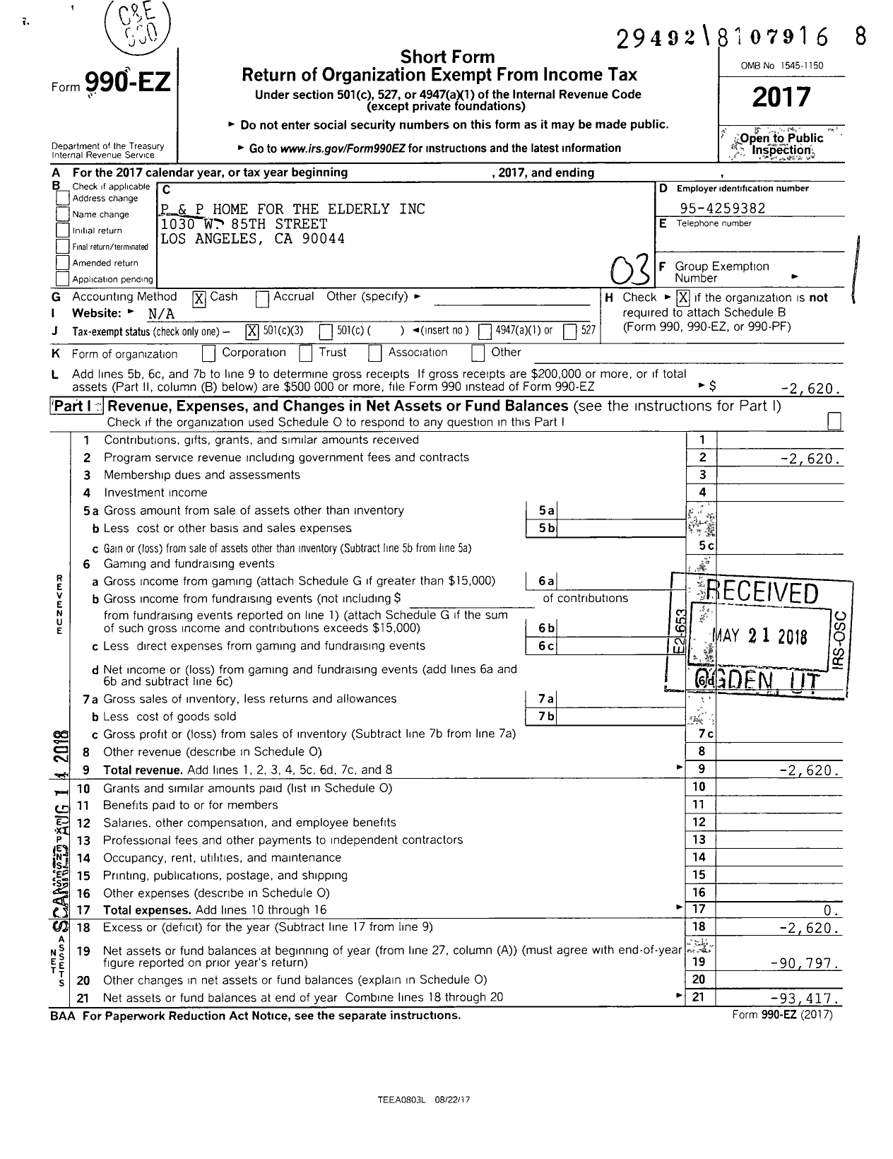 Image of first page of 2017 Form 990EZ for P and P Home for the Elderly