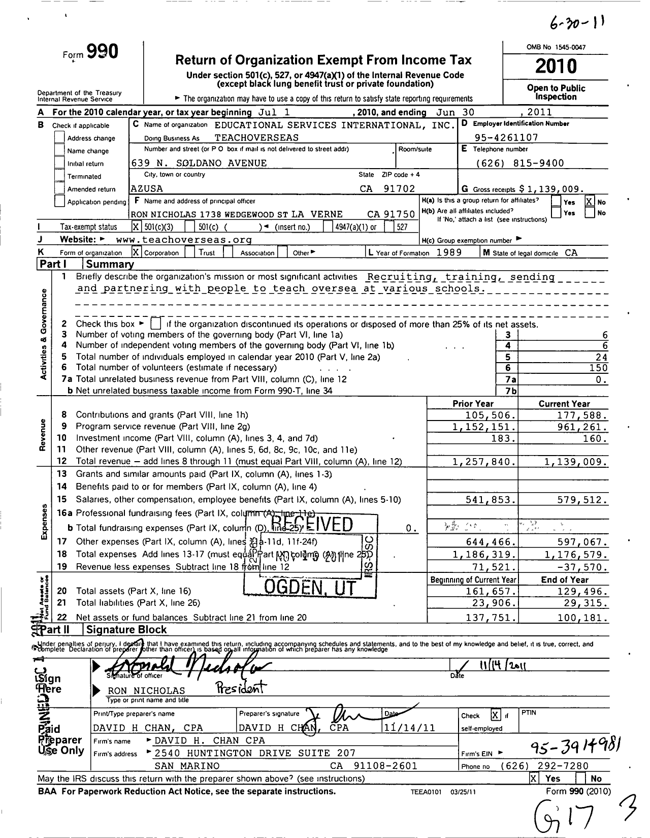 Image of first page of 2010 Form 990 for Educational Services International