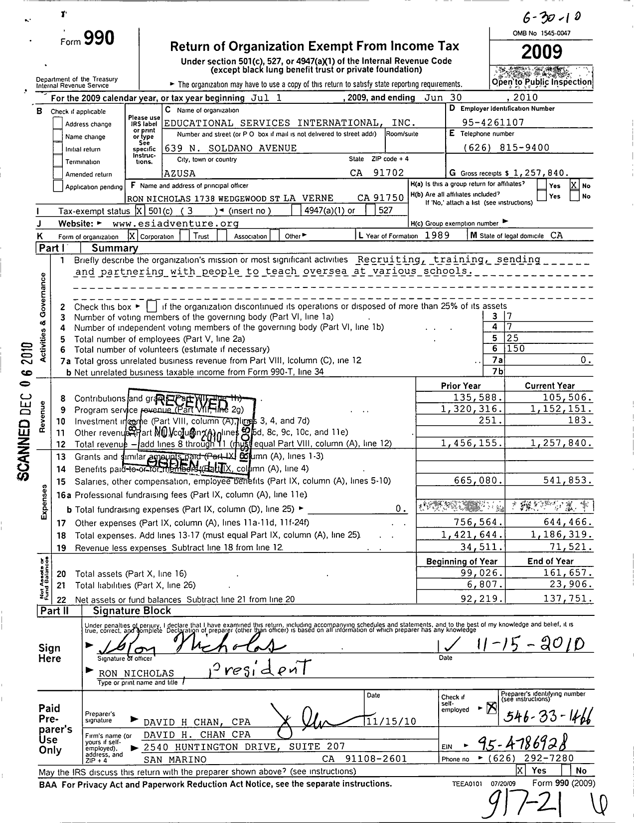 Image of first page of 2009 Form 990 for Educational Services International