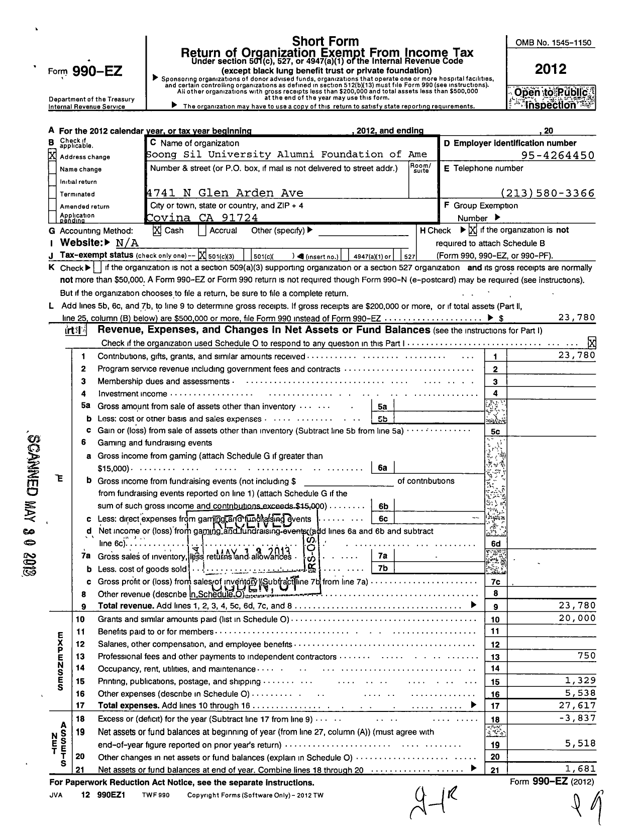 Image of first page of 2012 Form 990EZ for Soong Sil University Alumni Foundation of America