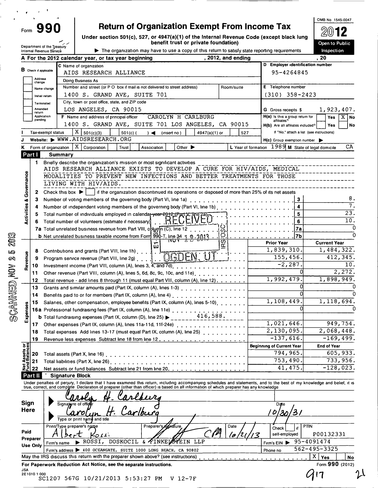 Image of first page of 2012 Form 990 for Aids Research Alliance