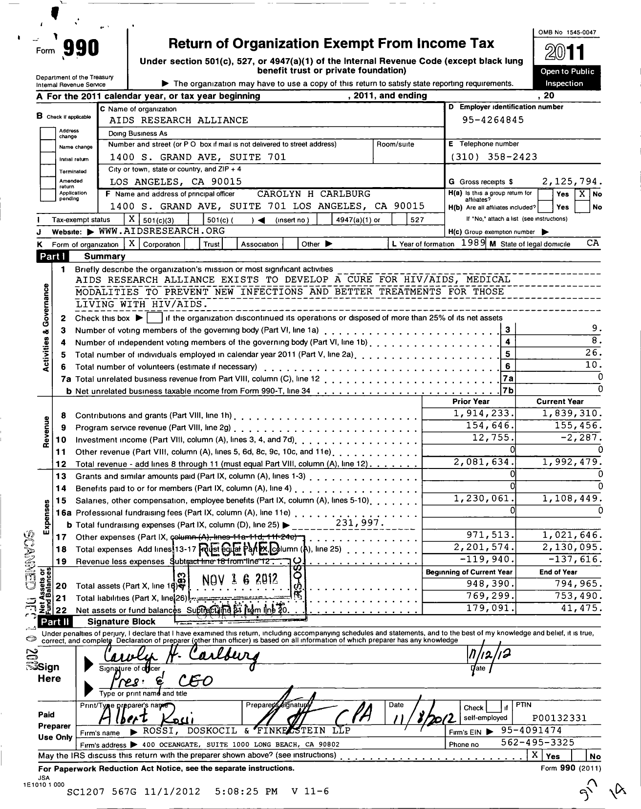 Image of first page of 2011 Form 990 for Aids Research Alliance
