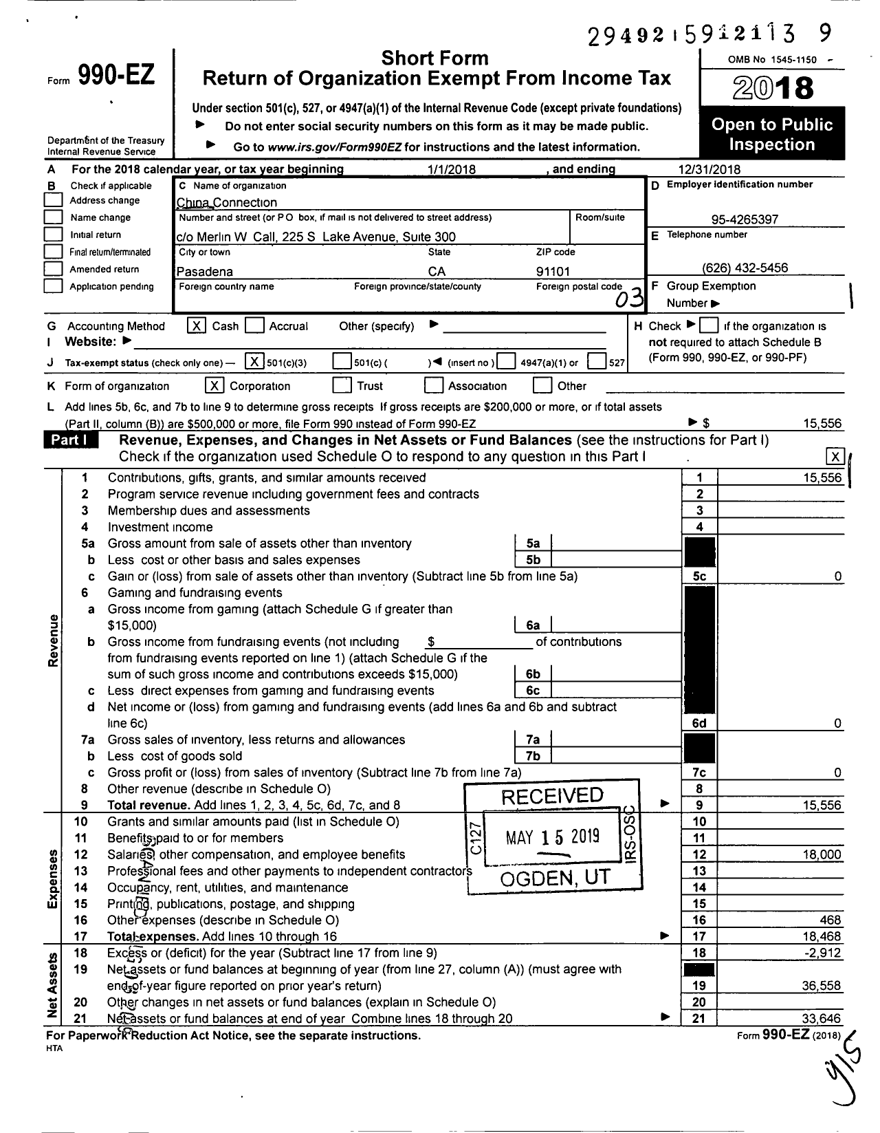 Image of first page of 2018 Form 990EZ for China Connection