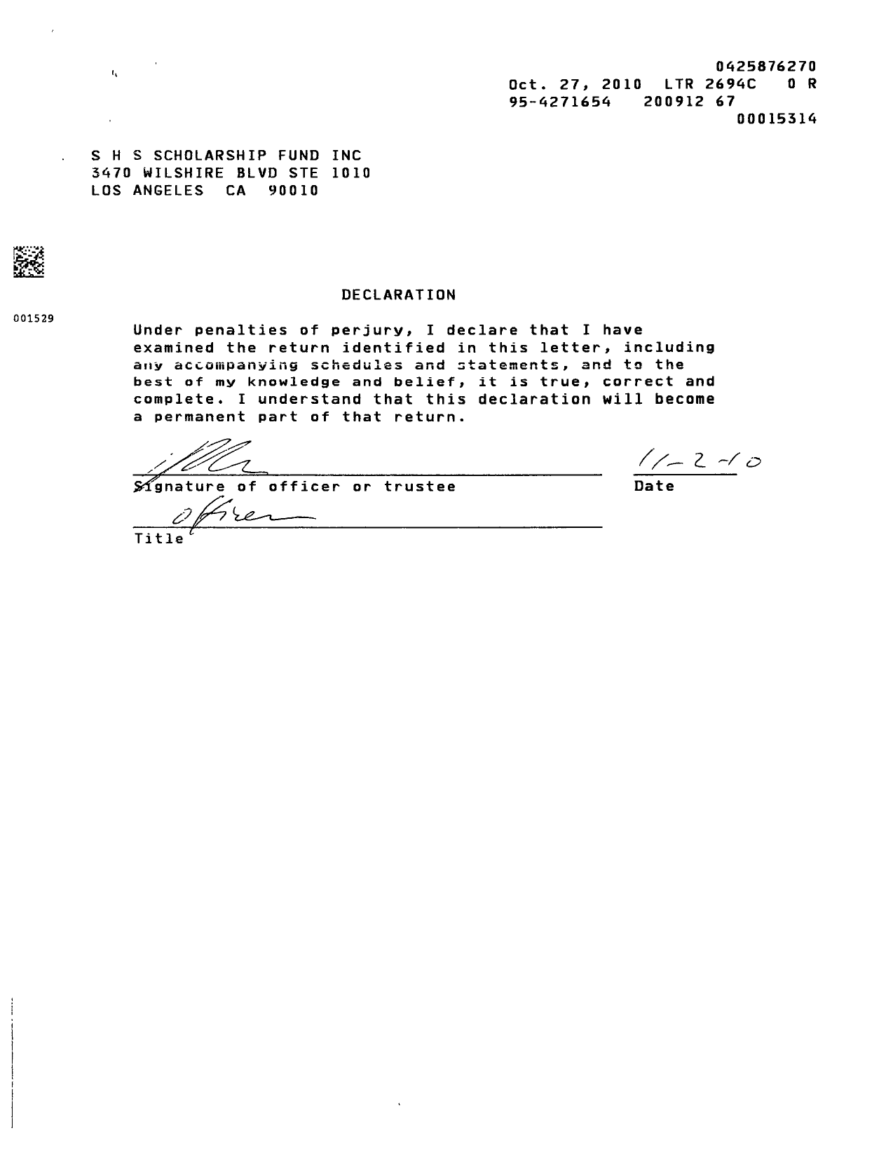 Image of first page of 2009 Form 990R for S H S Scholarship Fund