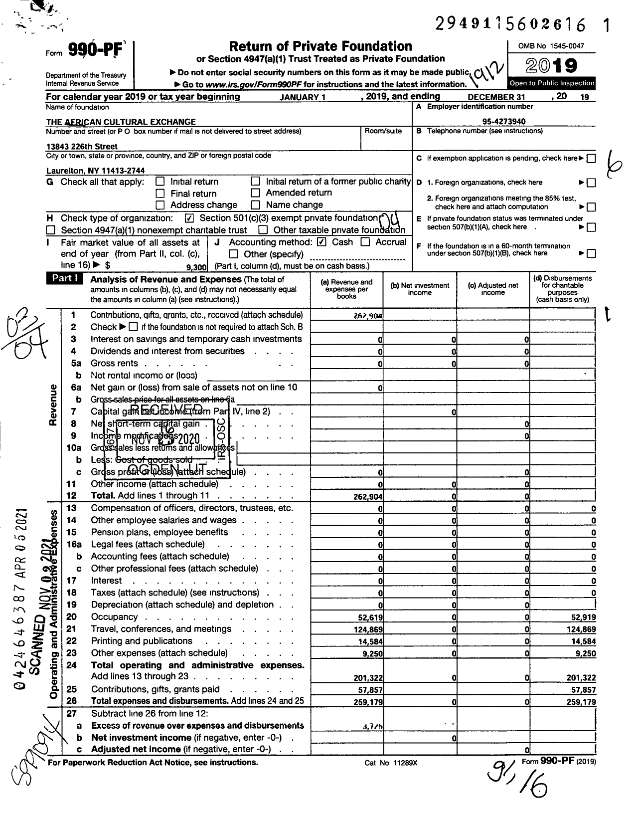 Image of first page of 2019 Form 990PF for The African Cultural Exchange