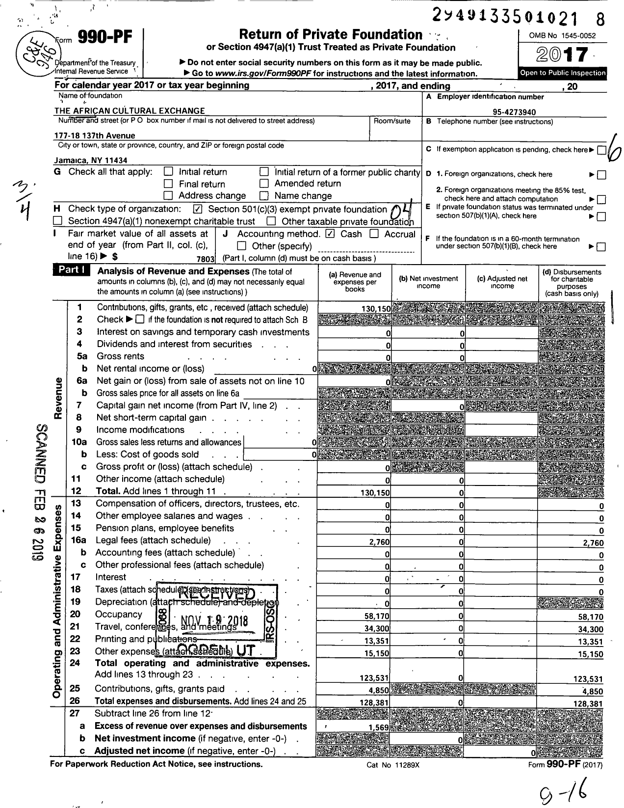 Image of first page of 2017 Form 990PF for The African Cultural Exchange