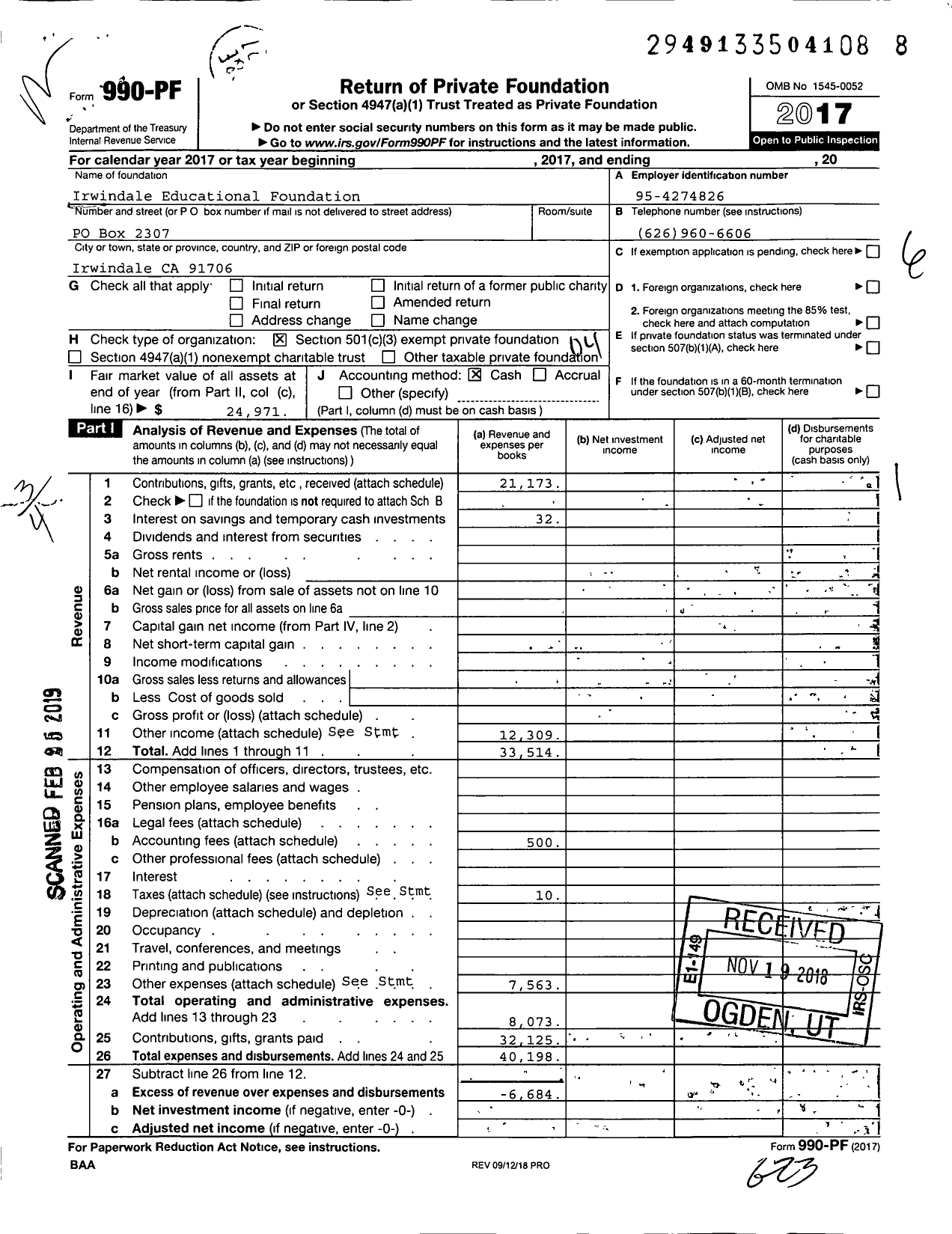 Image of first page of 2017 Form 990PF for Irwindale Educational Foundation