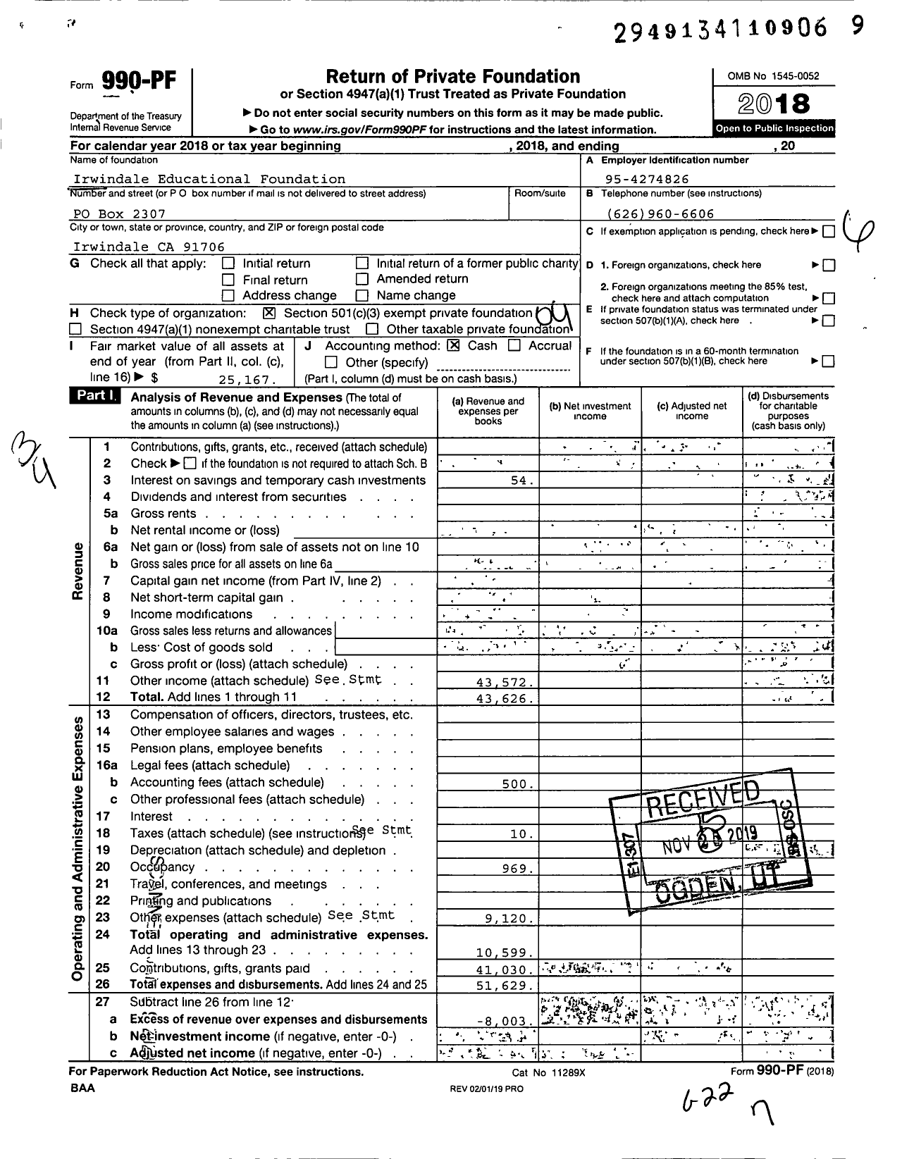 Image of first page of 2018 Form 990PF for Irwindale Educational Foundation