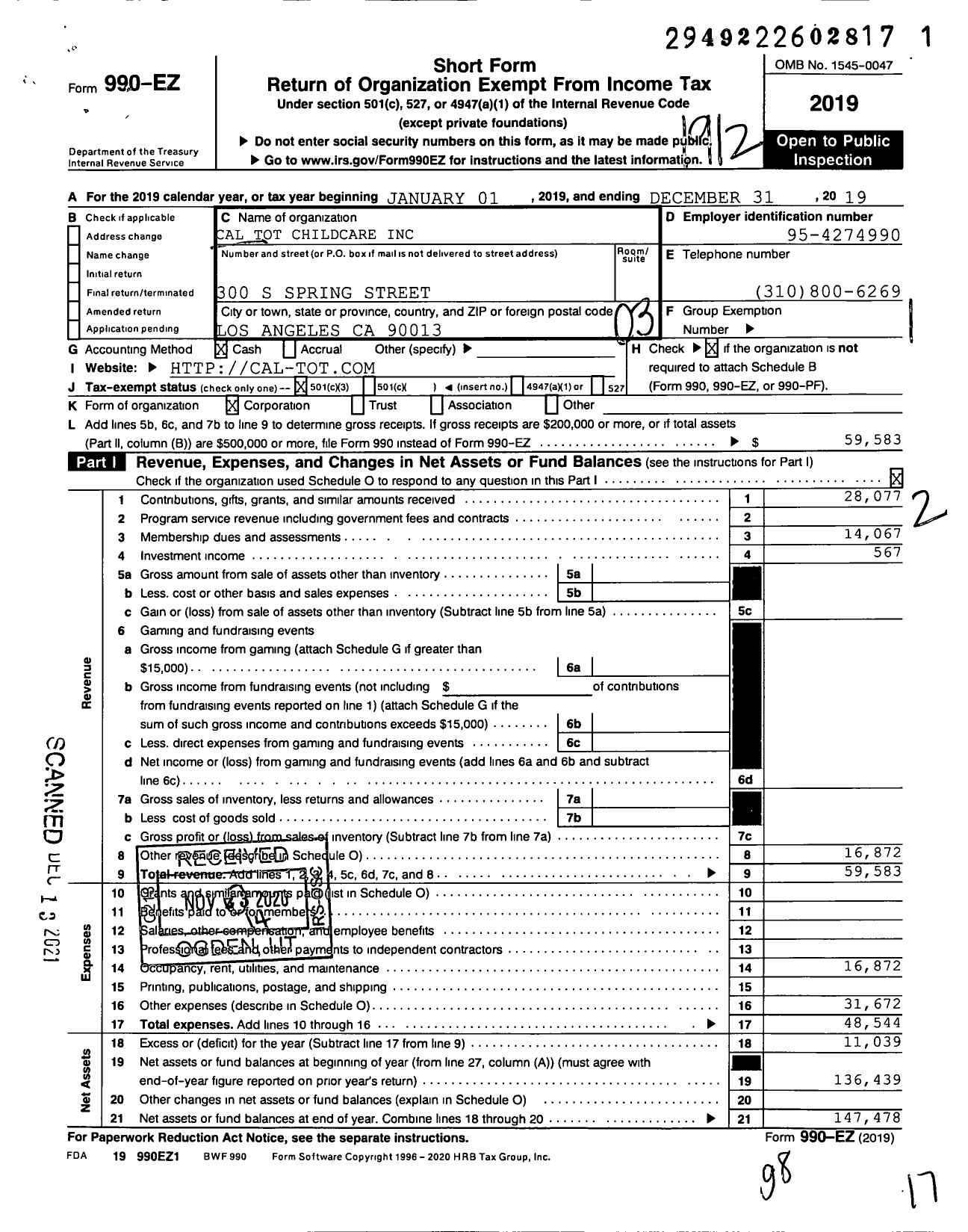 Image of first page of 2019 Form 990EZ for Cal Tot Child Care