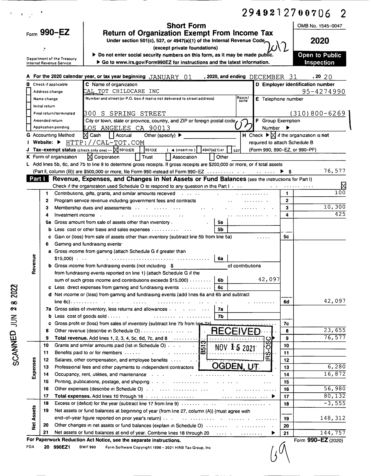 Image of first page of 2020 Form 990EZ for Cal Tot Child Care