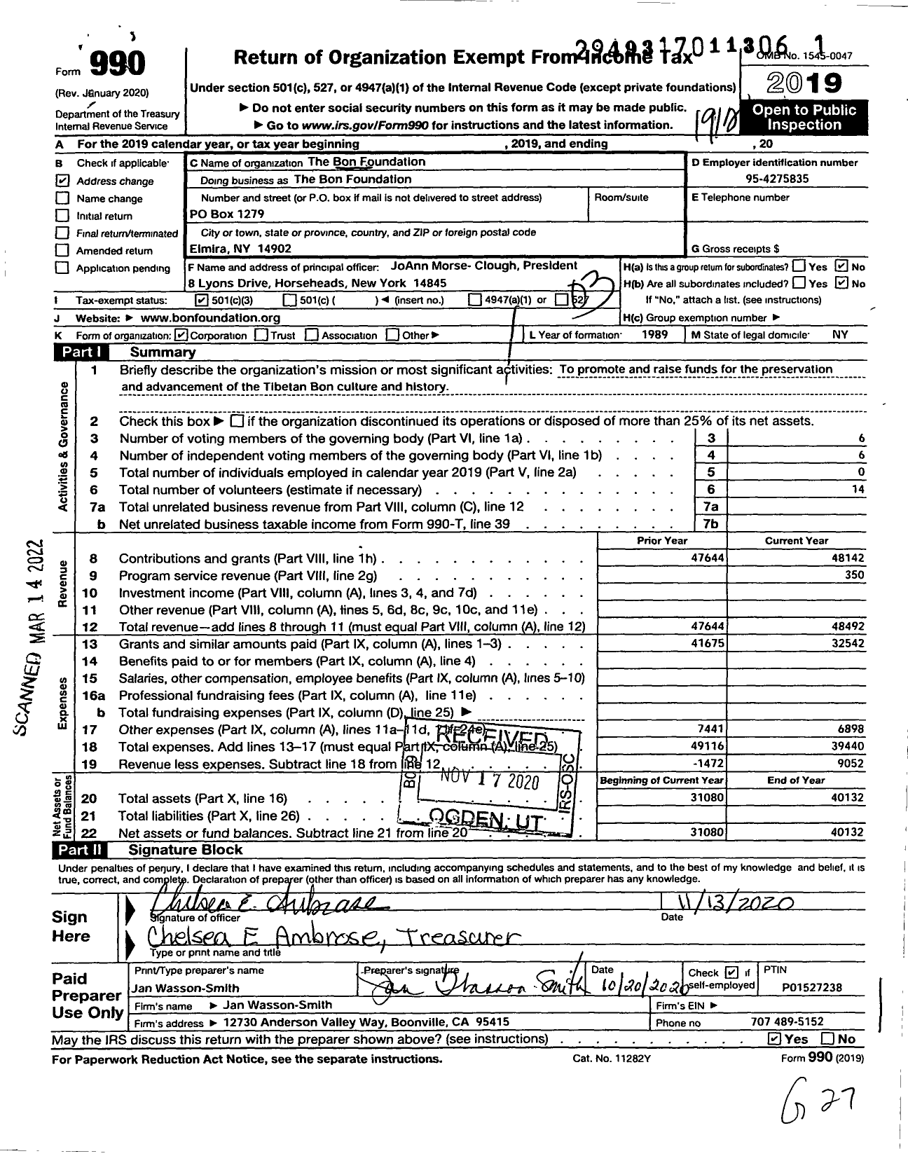 Image of first page of 2019 Form 990 for The Bon Foundation Joann Clough