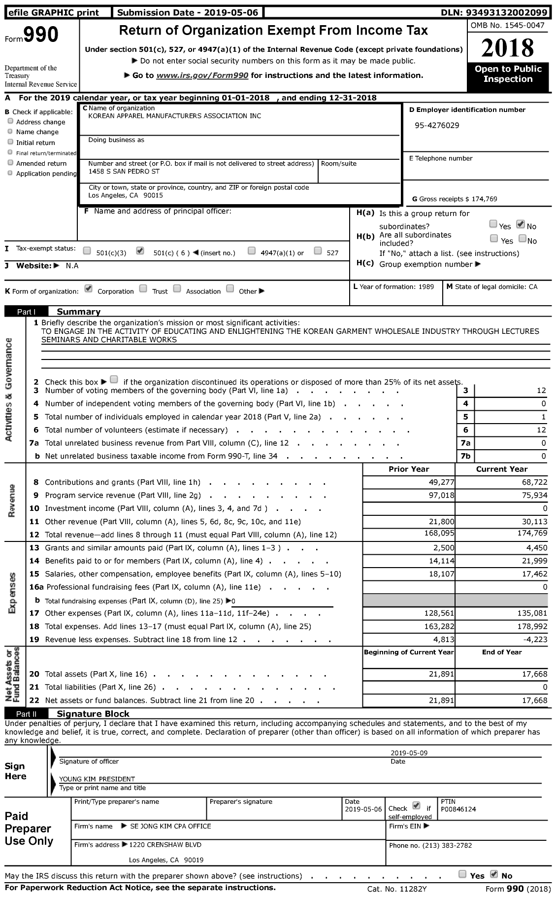 Image of first page of 2018 Form 990 for Korean Apparel Manufacturers Association