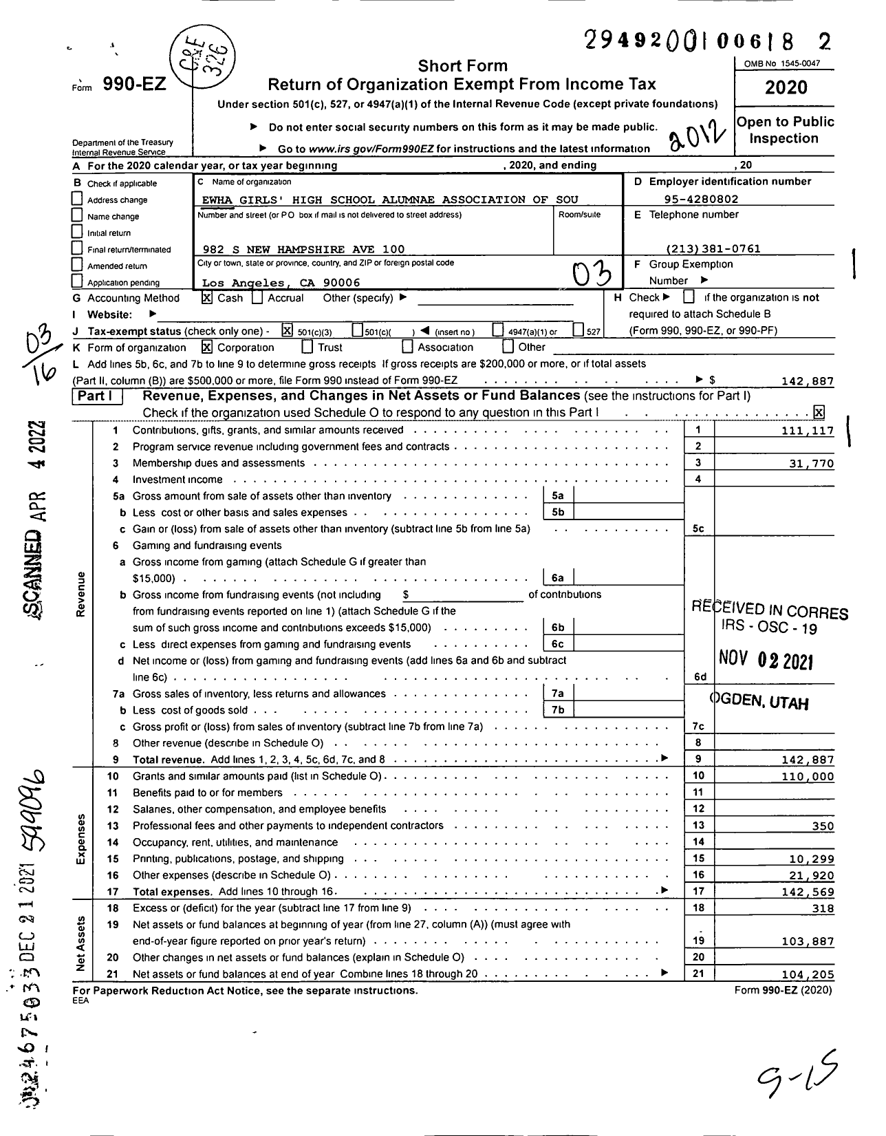 Image of first page of 2020 Form 990EZ for Ewha Girls High School Alumnae Association of Southern Calfornia