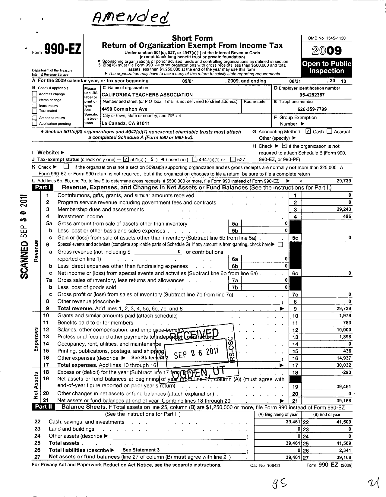 Image of first page of 2009 Form 990EO for California Teachers Association - La Canada Teachers Association