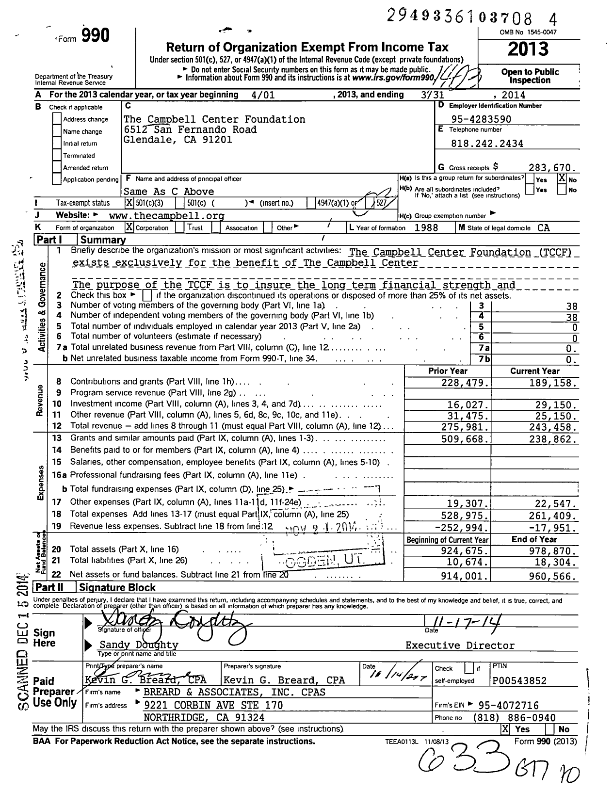 Image of first page of 2013 Form 990 for The Campbell Center Foundation