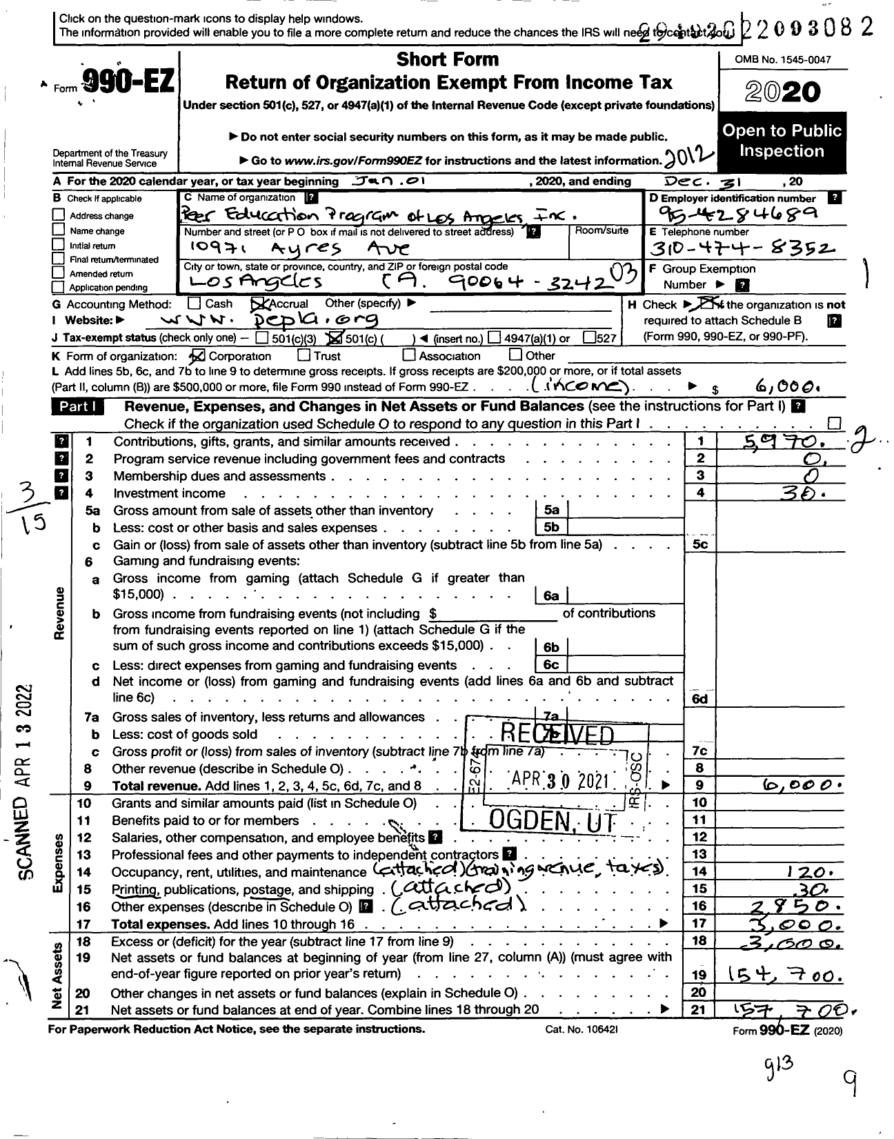 Image of first page of 2020 Form 990EZ for Peer Education Program of Los Angeles